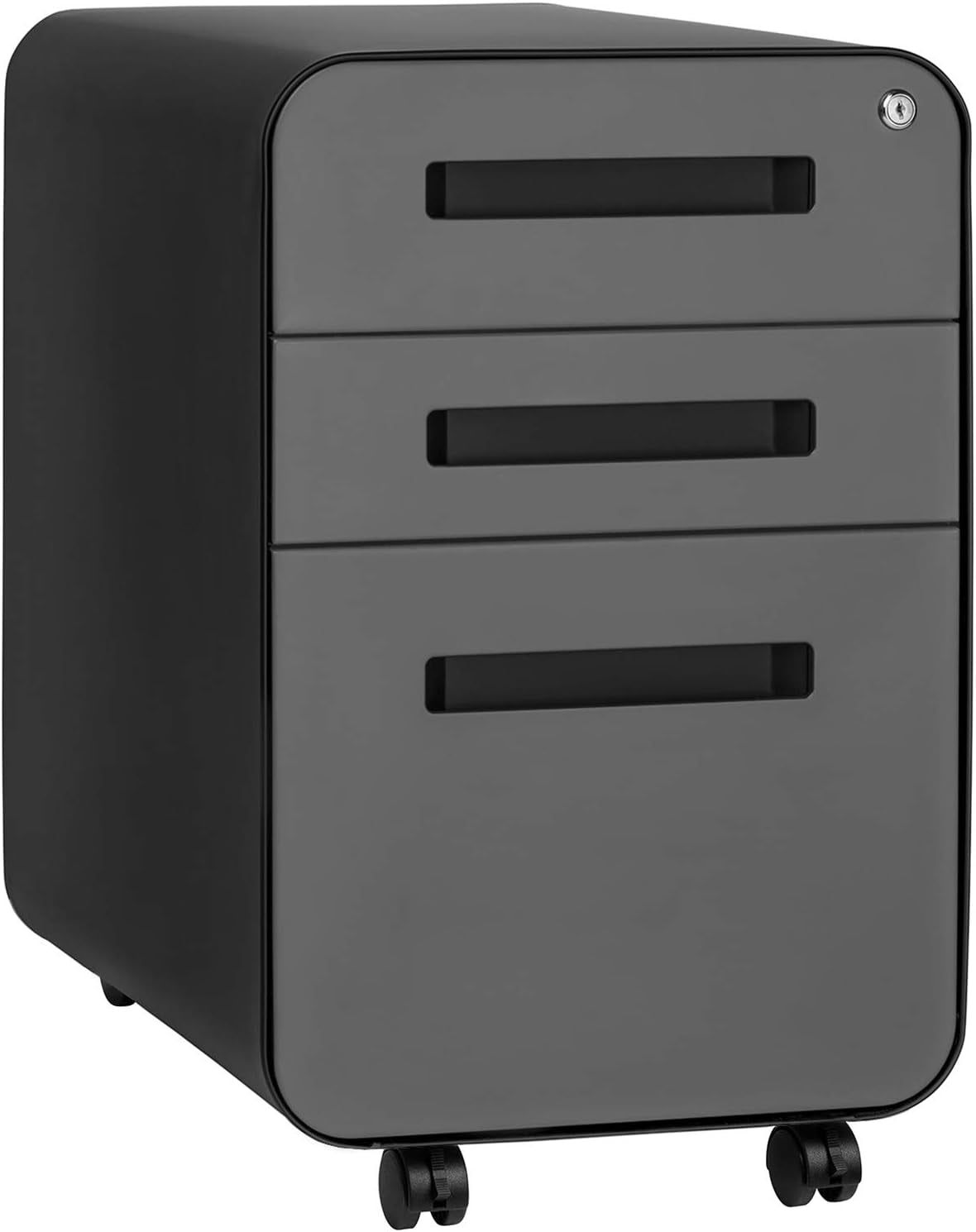 Stockpile 3 Drawer File Cabinet with Lock - under Office Desk Metal Filing Cabinet, Legal/Letter File Folders, Wheels and Stationary Feet, Pre-Assembled, Black/Grey