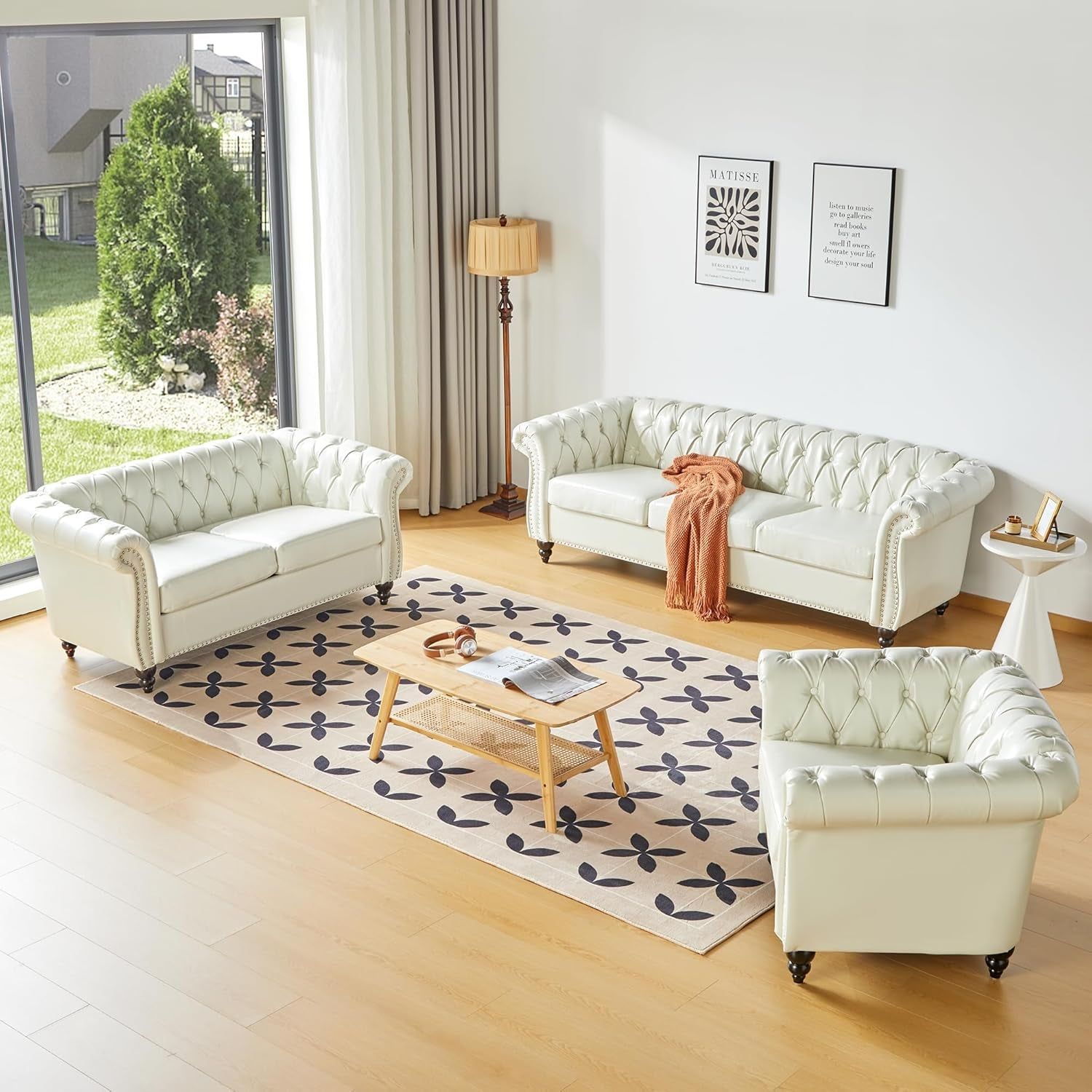 3 Piece Living Room Set, Chesterfield Faux Leather Sofa Loveseat Couch Chair with Scroll Arms and Nailhead for Living Room, Office (White)