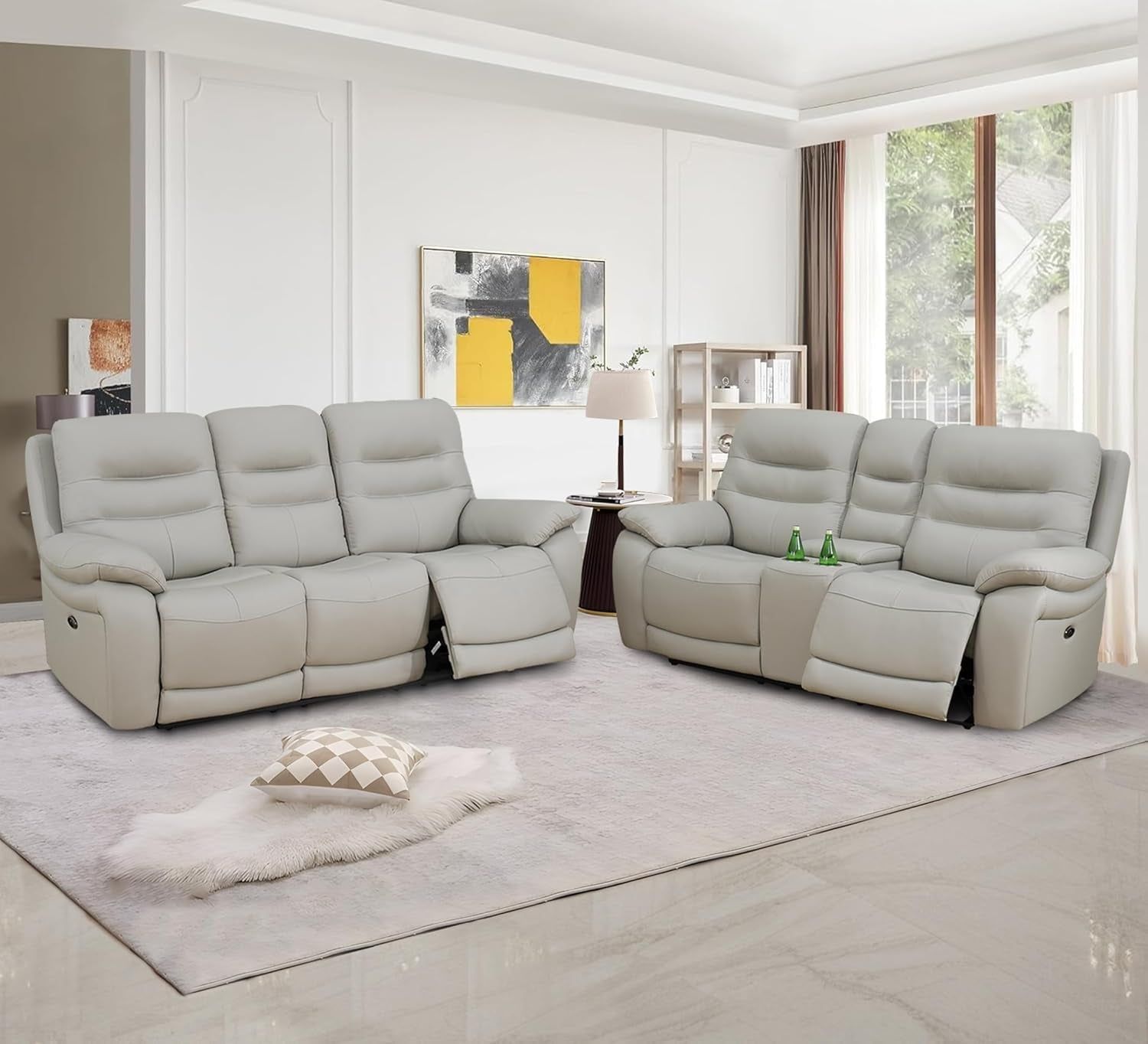 Genuine Leather Recliner Couch Set, Living Room Furiture Set,Power Reclining Sofa Set, Top Grain Leather Sofa with Built in USB Port for Living Room(Light Grey) (Sofa+Loveseat)