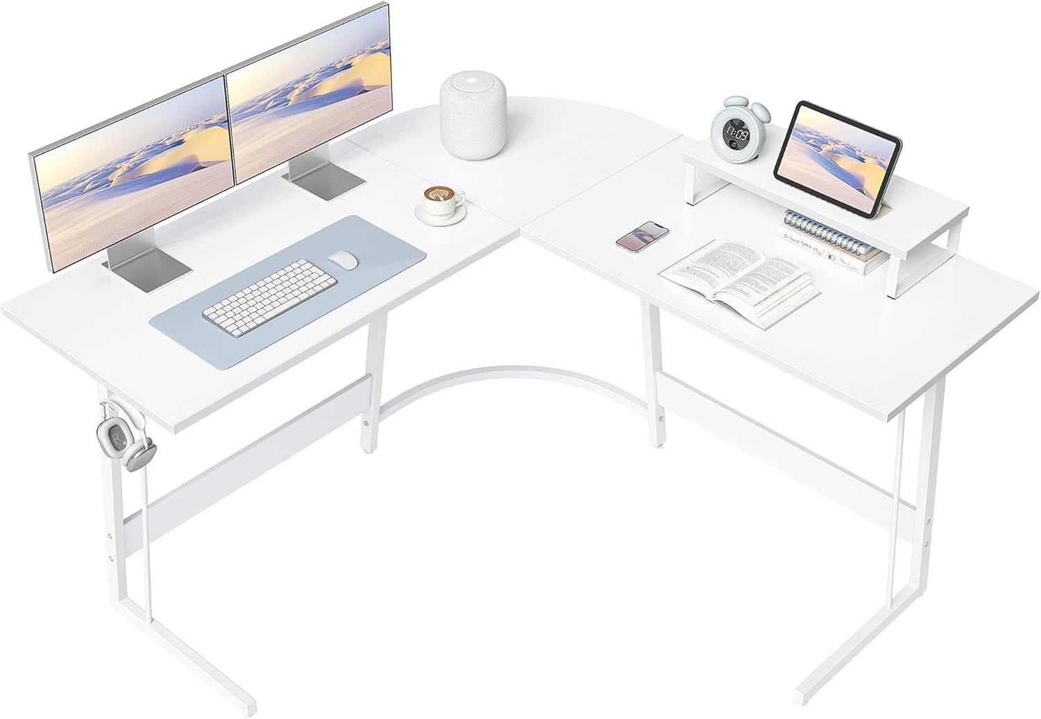 L Shaped Desk, Computer Corner Desk, Gaming Desk with Monitor Stand, Home Office Study Writing Workstation, Space-Saving（47 Inch White）