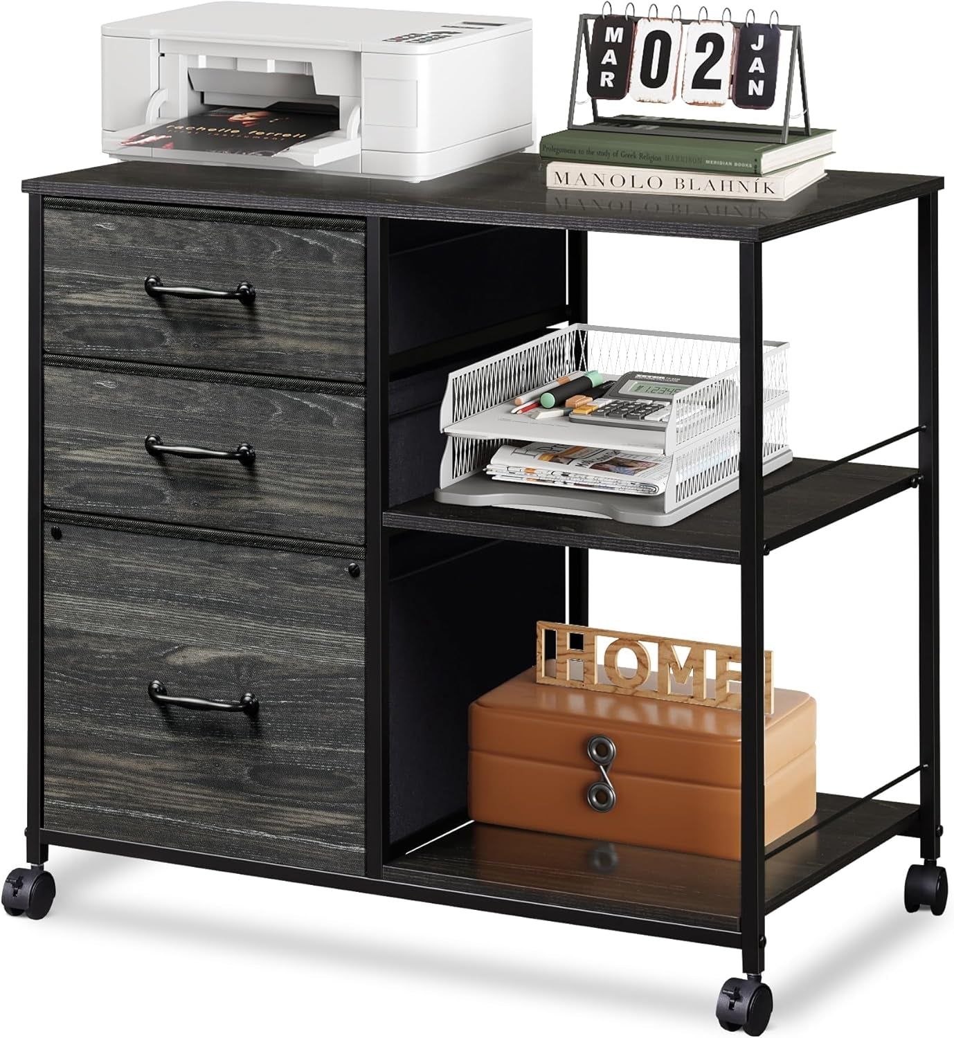 3 Drawer Mobile File Cabinet, Rolling Printer Stand with Open Storage Shelf, Fabric Lateral Filing Cabinet Fits A4 or Letter Size for Home Office, Charcoal Black Wood Grain Print