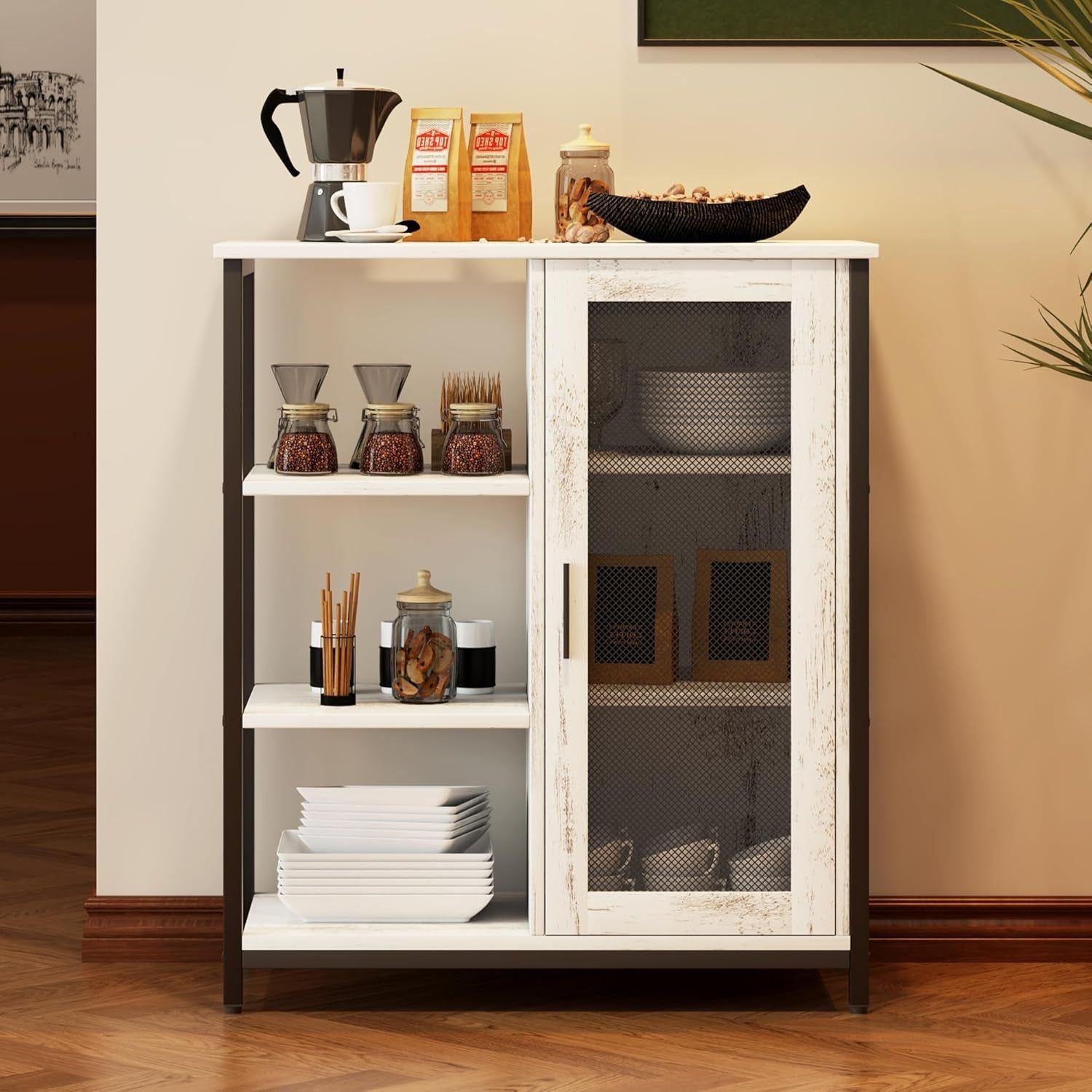 Mini Coffee Bar Cabinet with Storage, 27.5&#39;&#39; Small Kitchen Bar Table, Cute Corner Bar Cabinet for Tea, Buffet Sideboard Cabinet for Dining Room, Farmhouse Coffee Station for Wine (White)