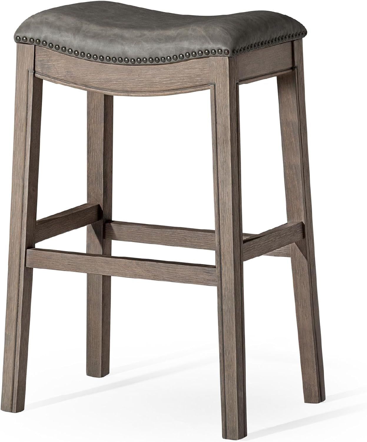 Adrien 31 Inch Bar Height Backless Saddle Barstool in Reclaimed Oak Finish with Ronan Stone Vegan Leather Cushion Seat