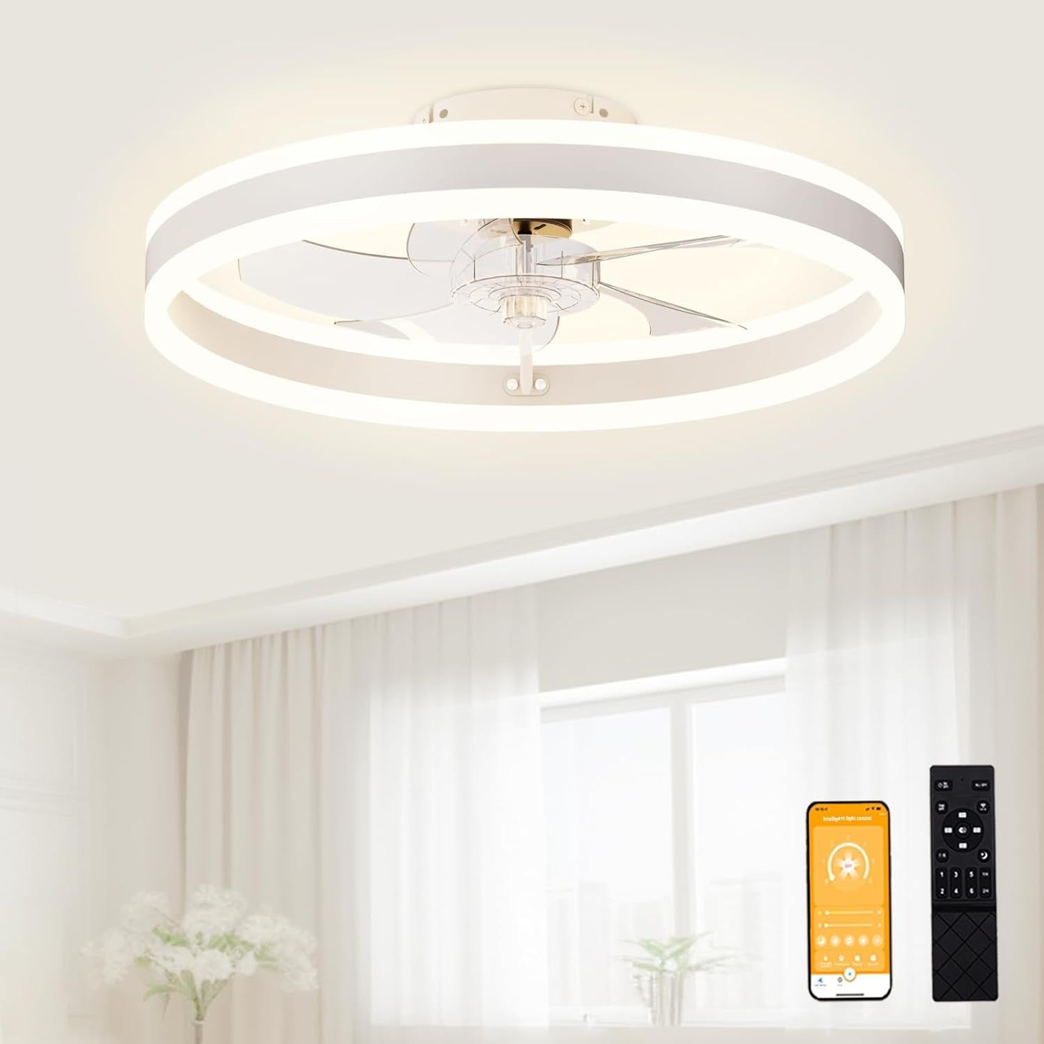 Low Profile Ceiling Fans with Lights and Remote, 19.7In Flush Mount Ceiling Fans with Light, 3000K-6500K Dimmable Fandelier LED Fan Light, White Bladeless Ceiling Fans with Lights for Bedroom