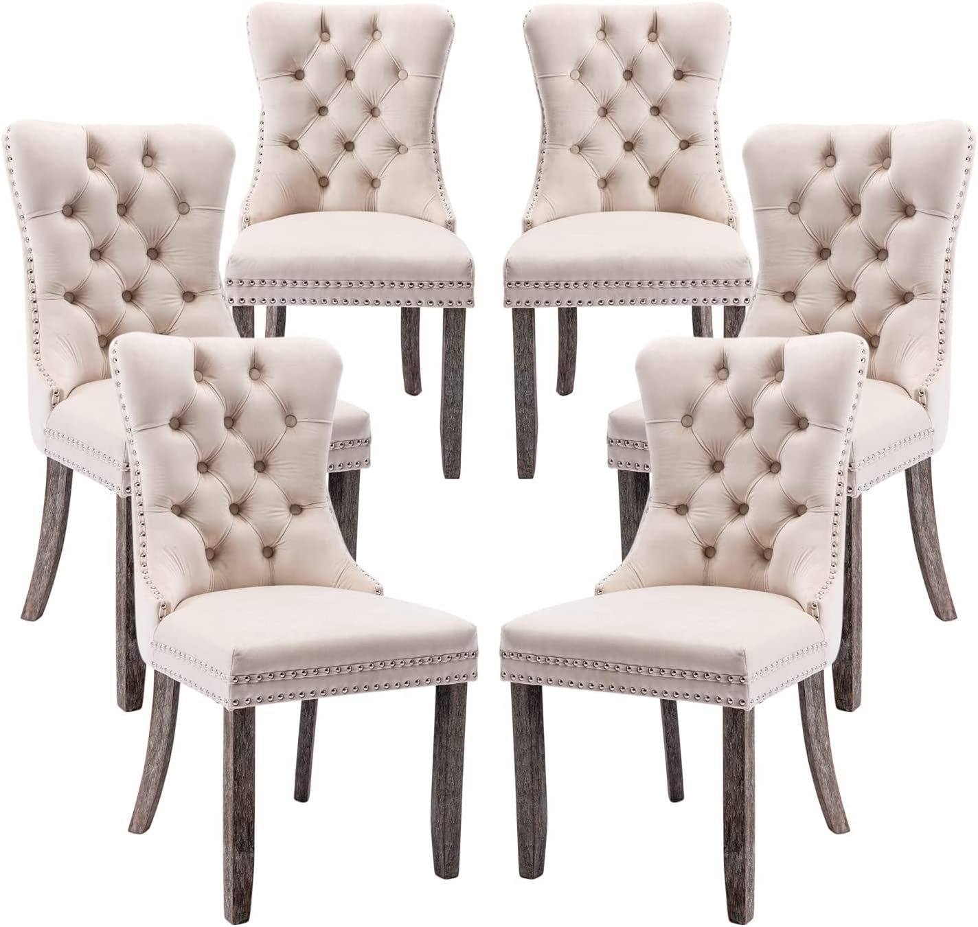 Beige Tufted Velvet Dining Chairs Set of 6