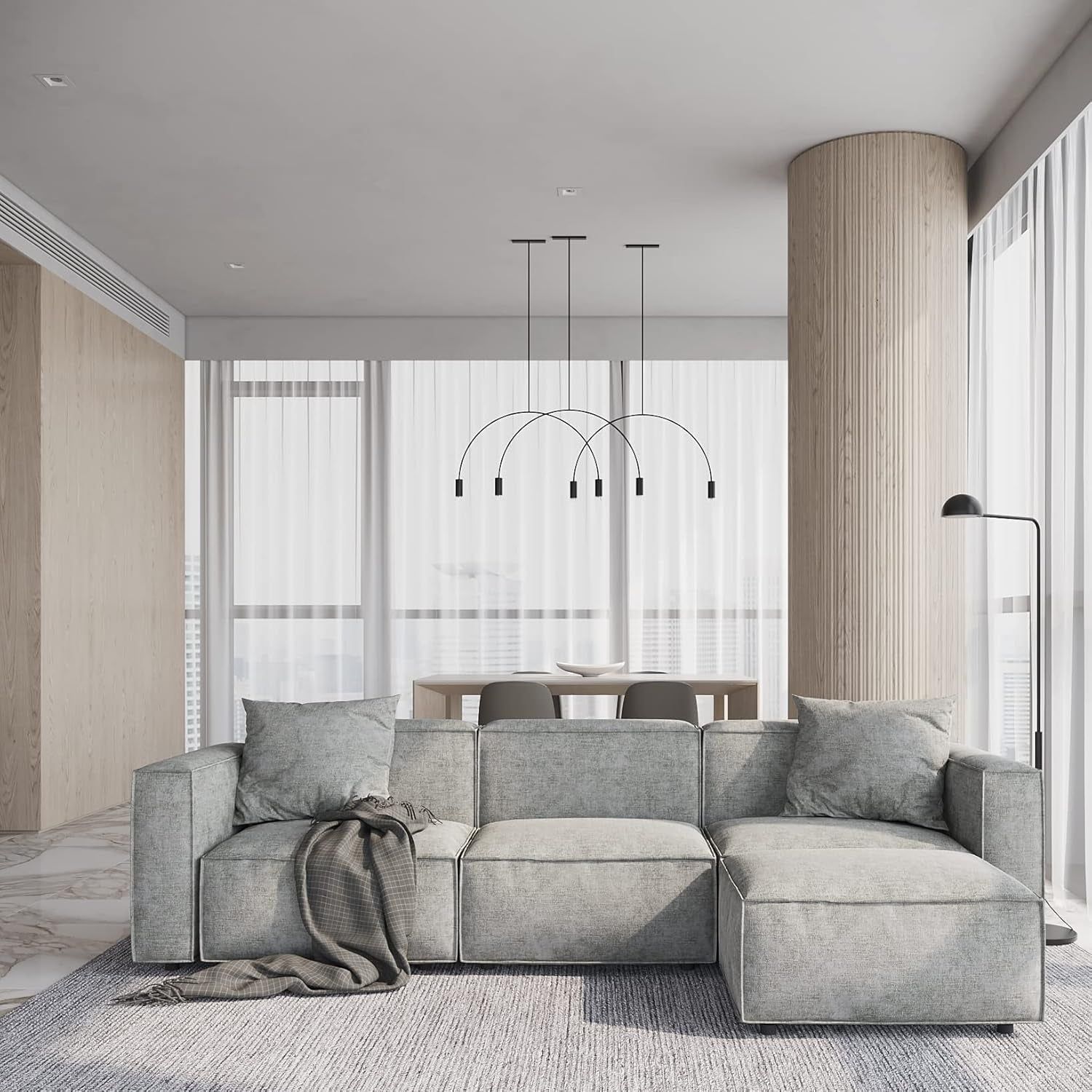 Luxury Modular Sectional Living Room Sofa Set, Modern Minimalist Style Couch with Ottoman and Chaise, L-Shape, Grey