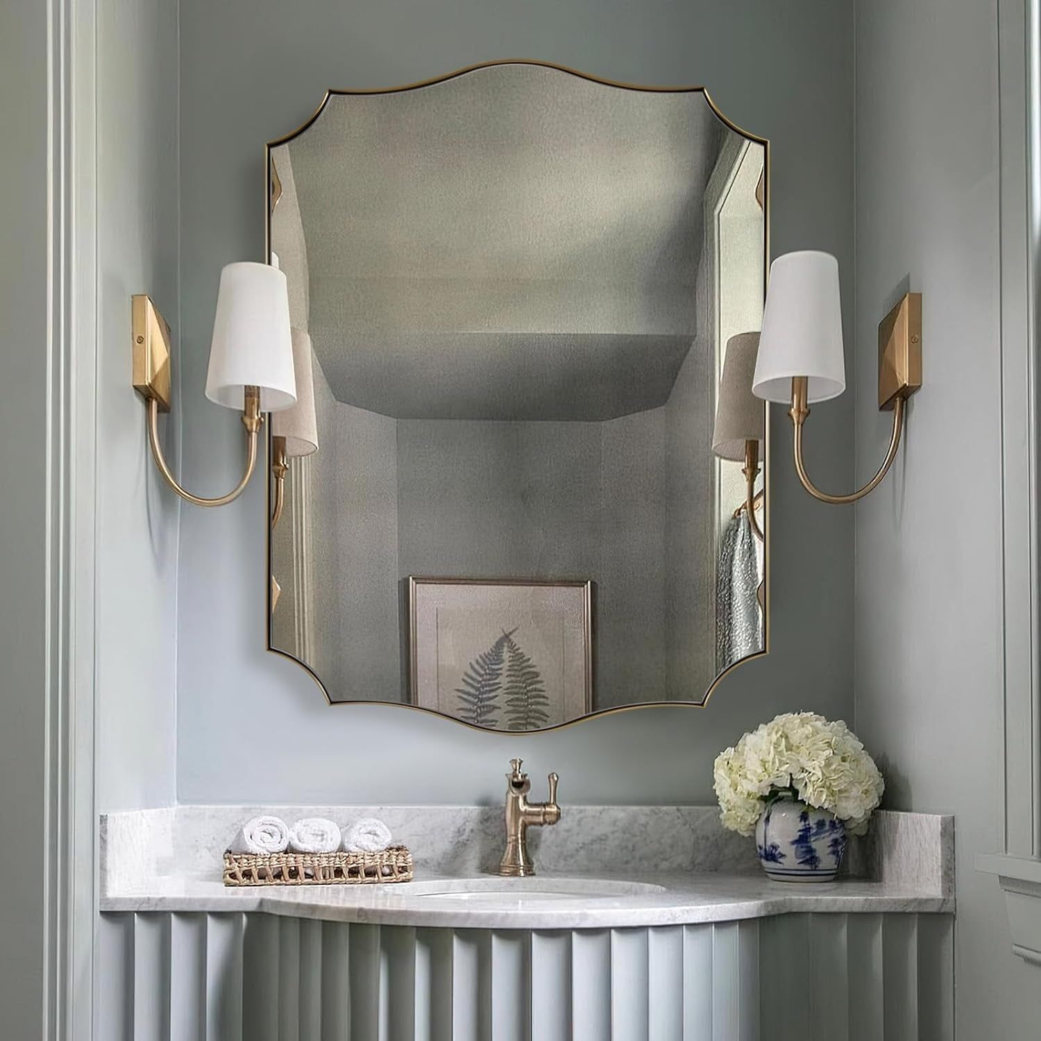 Stainless Steel Metal Frame Wall Mount Vanity Mirror, 22X30 Irregular Asymmetrical Mirror for Bathroom, Bedroom, Living Room, Mantel