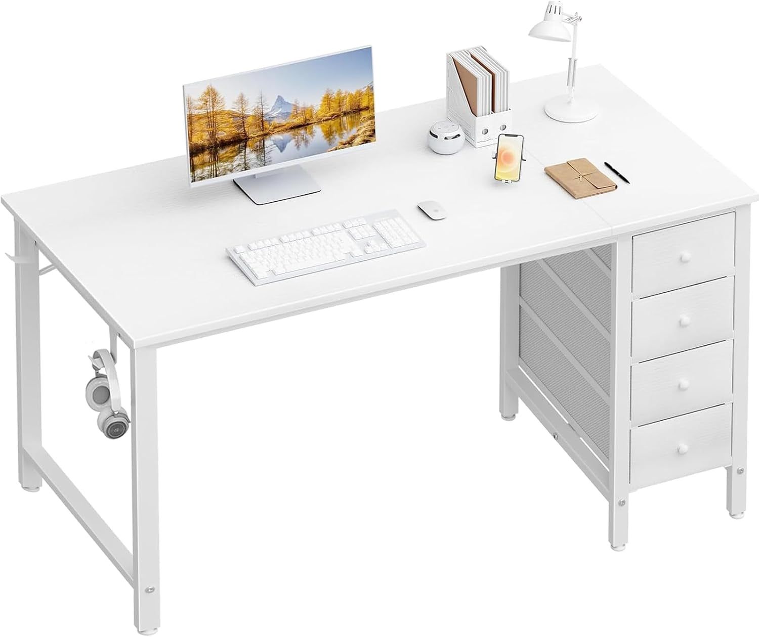 White Computer Desk with Drawers - 55 Inch Long Study Work Writing Desk for Home Office Bedroom, Simple Modern Cute PC Desks with Fabric Drawer, White