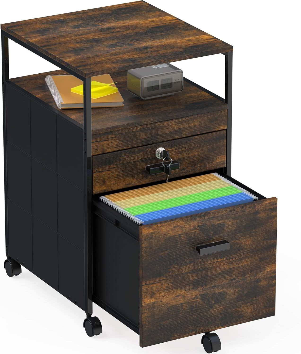 Rolling Mobile File Cabinet W/ 2 Drawers &amp; Open Shelf, Rustic Brown