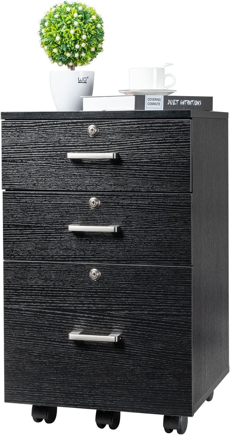 26&quot; H 3 Drawer File Cabinet with Lock, Rolling File Cabinet under Desk, Mobile File Cabinets for Home Office, Wood Black File Cabinet Printer Stand for Letter Size Hanging/Manila File Folders