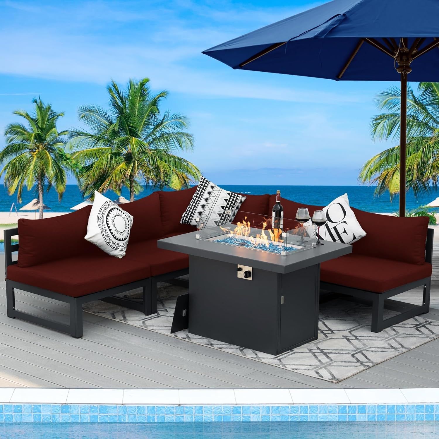 ® Modern Large Grey Aluminum Outdoor Patio Furniture Set with Propane/Natural Gas Fire Pit Table, 29&#39;&#39; Deep Wide Seating Conversation Sofa L Shaped Sectional Couch Set (6 Pieces, 5 Seats)