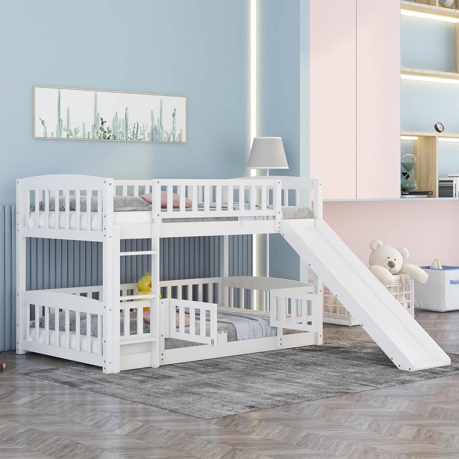 Bunk Bed Twin over Twin with Slide and Stairs, Twin Bunk Bed for Kids, Girls, Boys, Floor Bunk Bed with Fence and Door, White