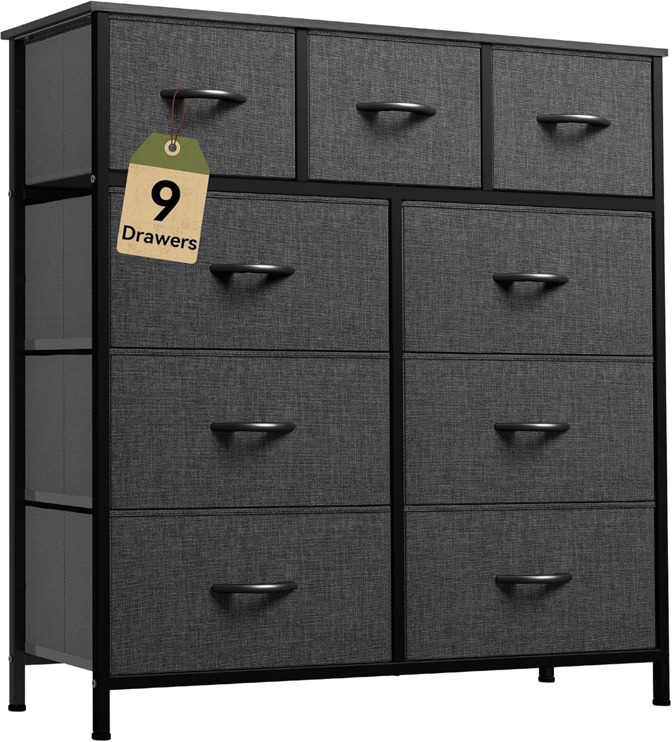 9 Drawers Dresser for Bedroom, Fabric Storage Tower for Living Room, Entryway - Sturdy Steel Frame, Wooden Top &amp; Easy Pull Fabric Bins