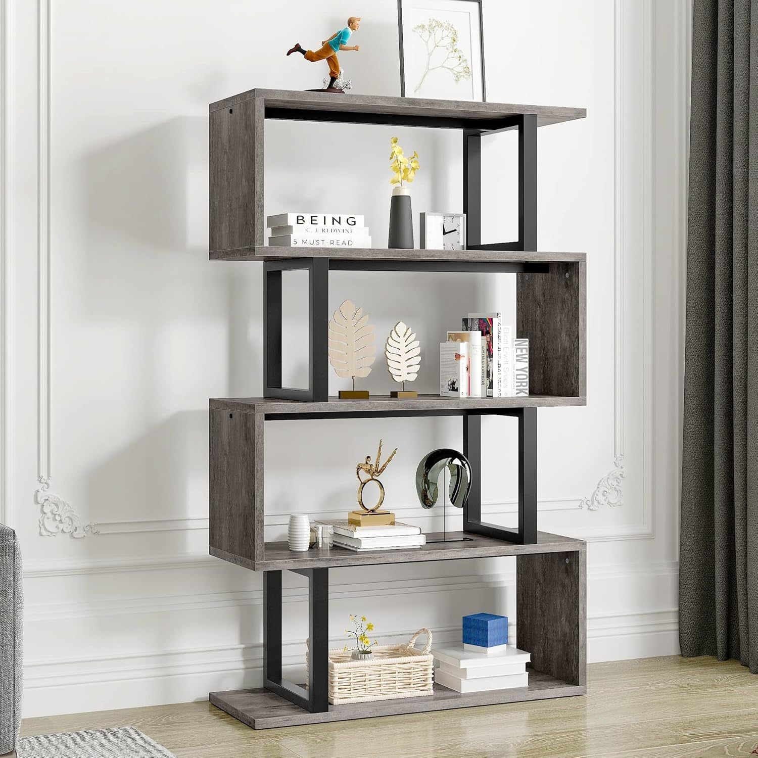 5-Tier Bookshelf, S-Shaped Z-Shelf Bookshelves and Bookcase, Industrial Freestanding Multifunctional Decorative Storage Shelving for Living Room Home Office, Gray + Black