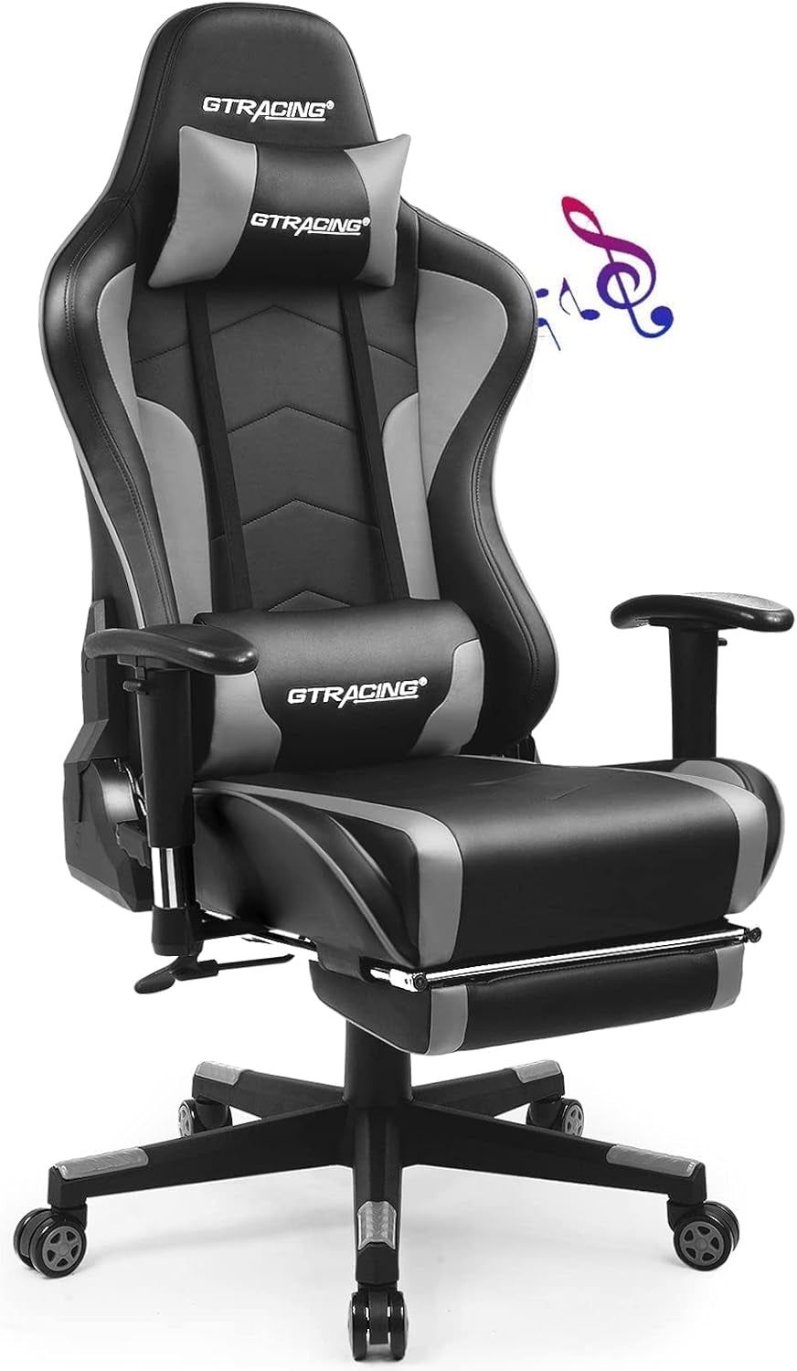 Gaming Chair with Footrest Speakers Video Game Chair Bluetooth Music Heavy Duty Ergonomic Computer Office Desk Chair (Gray)