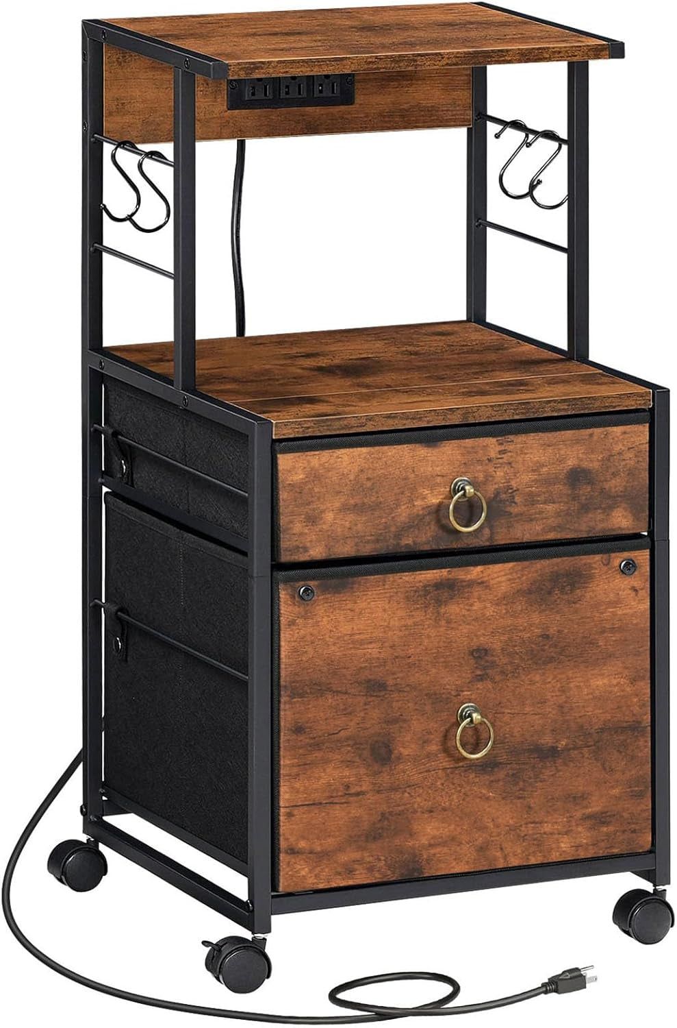 2-Drawer File Cabinet, Filing Cabinet with Charging Station, Office Cabinet with Open Shelf, Filing Cabinet for Home Office, A4/Letter Size, Nonwovens Drawer, Rustic Brown BF23UWJ01