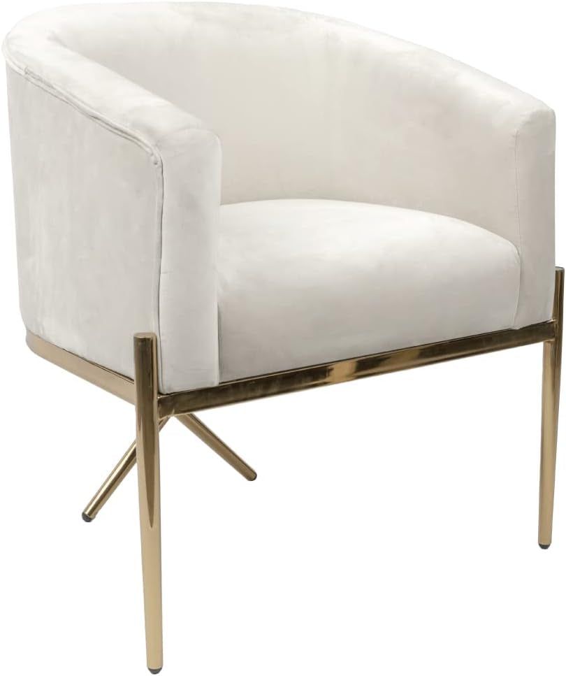 Arm Chair for Living Room and Dining Room with Upholstered Easy Clean Velvet and X Shaped Gold Legs, Ivory