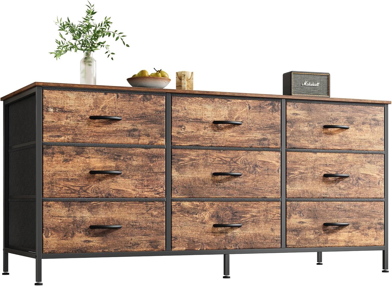 9 Drawer Dresser, 47 Inch Dresser TV Stand for 50, 55 Inch TV, Entertainment Center with Drawers, Fabric Dresser Chest of Drawer for Bedroom, Closet, Rustic Brown