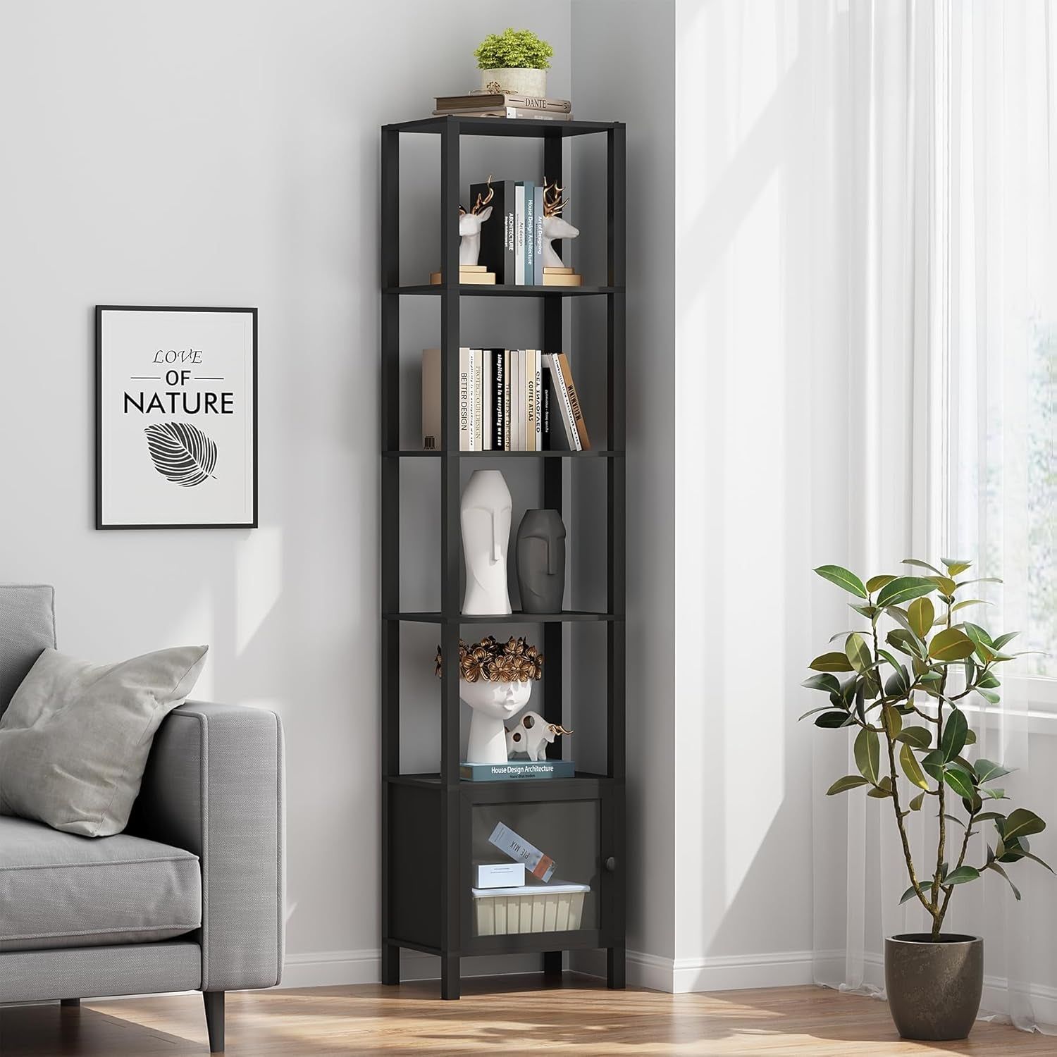 6 Tier  and Bookshelf, Narrow Book Shelf with Door for Small Space, for Living Room, Office, Study, Entryway, Black BS03BK006