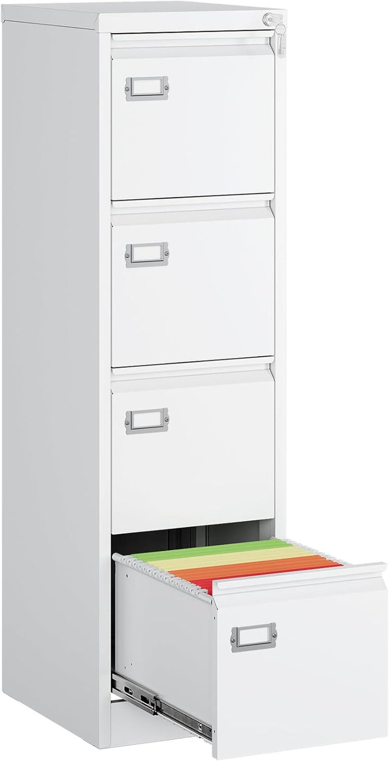 4 Drawer File Cabinet, White Vertical Filing Cabinets with Lock, Home Office File Folders Storage Cabinet for Letter Legal A4 File Size