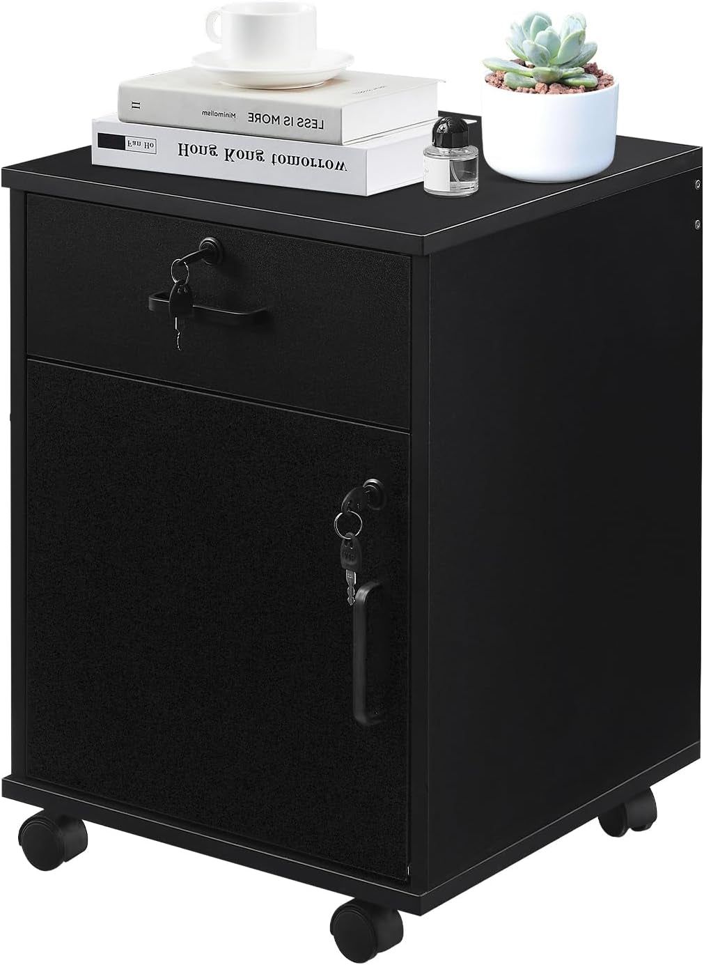 Mobile File Cabinet with Lockable Drawer &amp; Door, under Desk Rolling Filing Cabinet with 4 Wheels, Wooden Stationery Storage Cabinet for Home Office (Black)