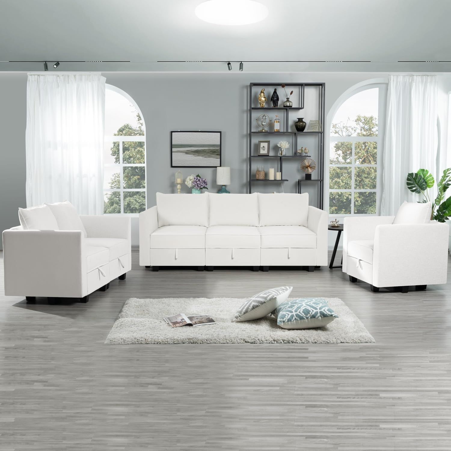 Elizabeth Modern Linen Living Room Furniture Sets - 3 Pieces Sofa, Loveseat and Armchair - Muebles Para La Sala Juegos Living Room Set - Modular Sofa Sectional Couch Set - White