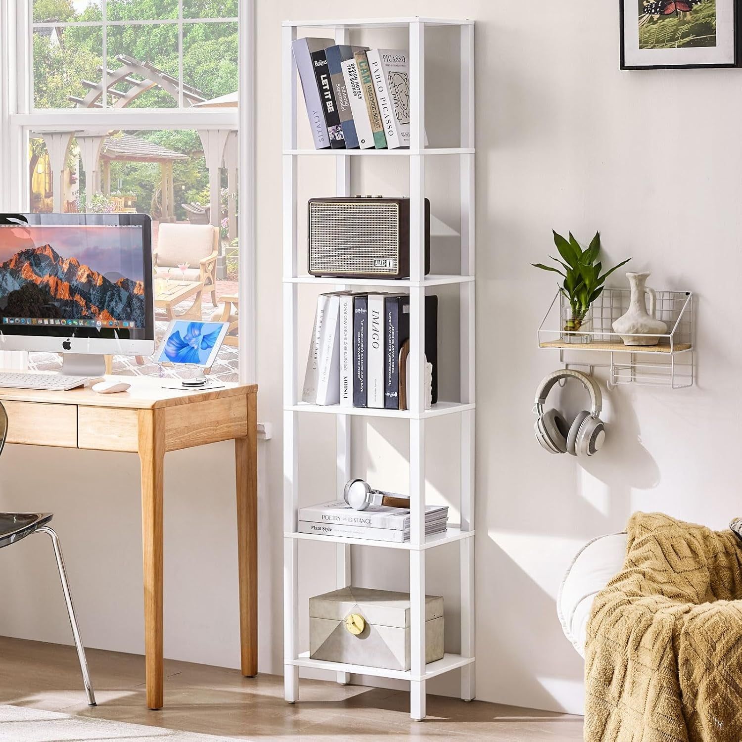 66In Tall Bookshelf 6-Tier Small Narrow Bookcase, Skinny Book Shelf for Small Space, Farmhouse Slim Shelf with Storage, Wood Freestanding Display Thin Bookshelves for Living Room, Office, White