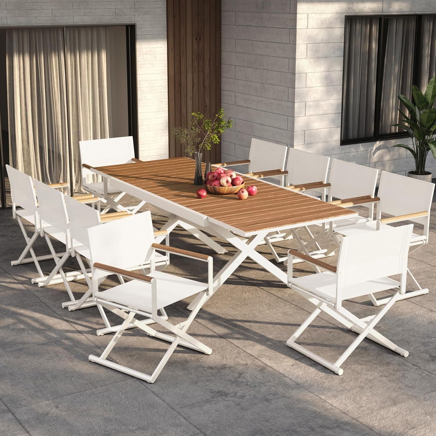 11-Piece Outdoor Dining Set, 10 Extra-Wide Folding Chairs &amp; 1 Rectangle Expandable Table for 6-8 Person, Sling Mesh Patio Chairs with Wood Grain Table for Yard, Poolside, Deck, Apricot