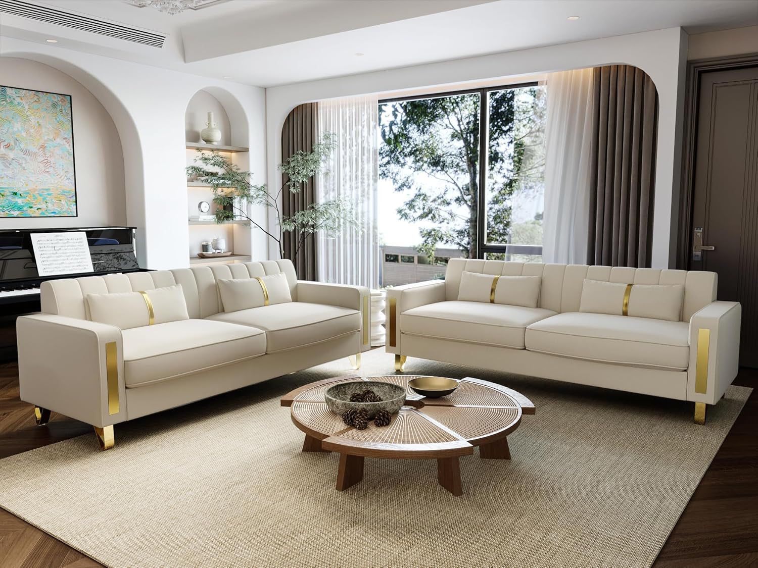 2-Piece Loveseat Couch Set for Living Room, 86&quot; Beige Velvet Sofa Couch with 4 Pillows &amp; Gold Metal Legs, Modern Upholstered Sofa Set Love Seat Sectional Couches for Apartment Home Office