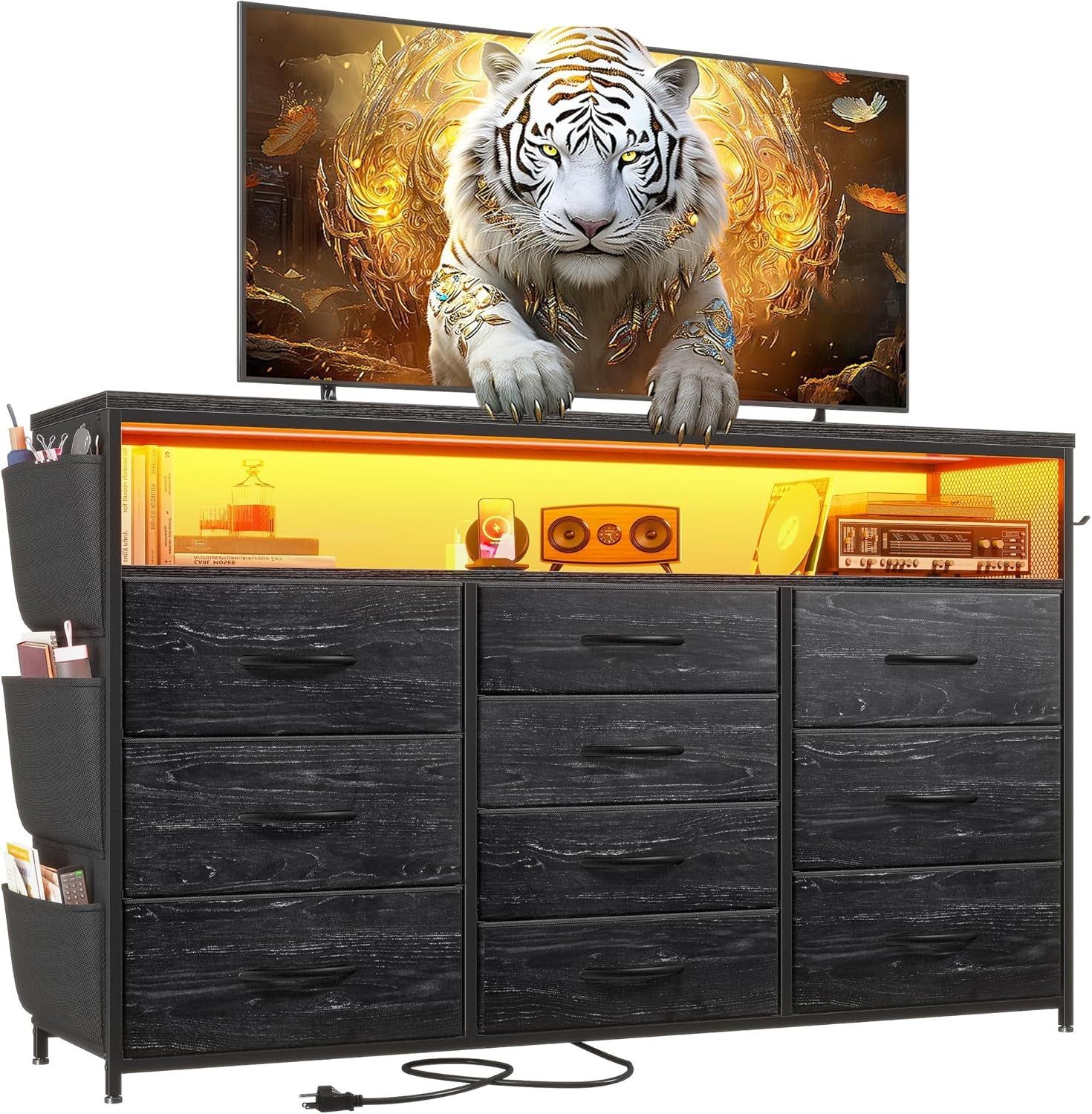 Dresser TV Stand with 10 Drawers for 55&quot; TV Stand for Bedroom with LED Lights &amp; Power Outlets Wide Dresser for Bedroom with Shelves &amp; Side Pockets Sturdy Metal Frame &amp; Wood Top, Charcoal Black