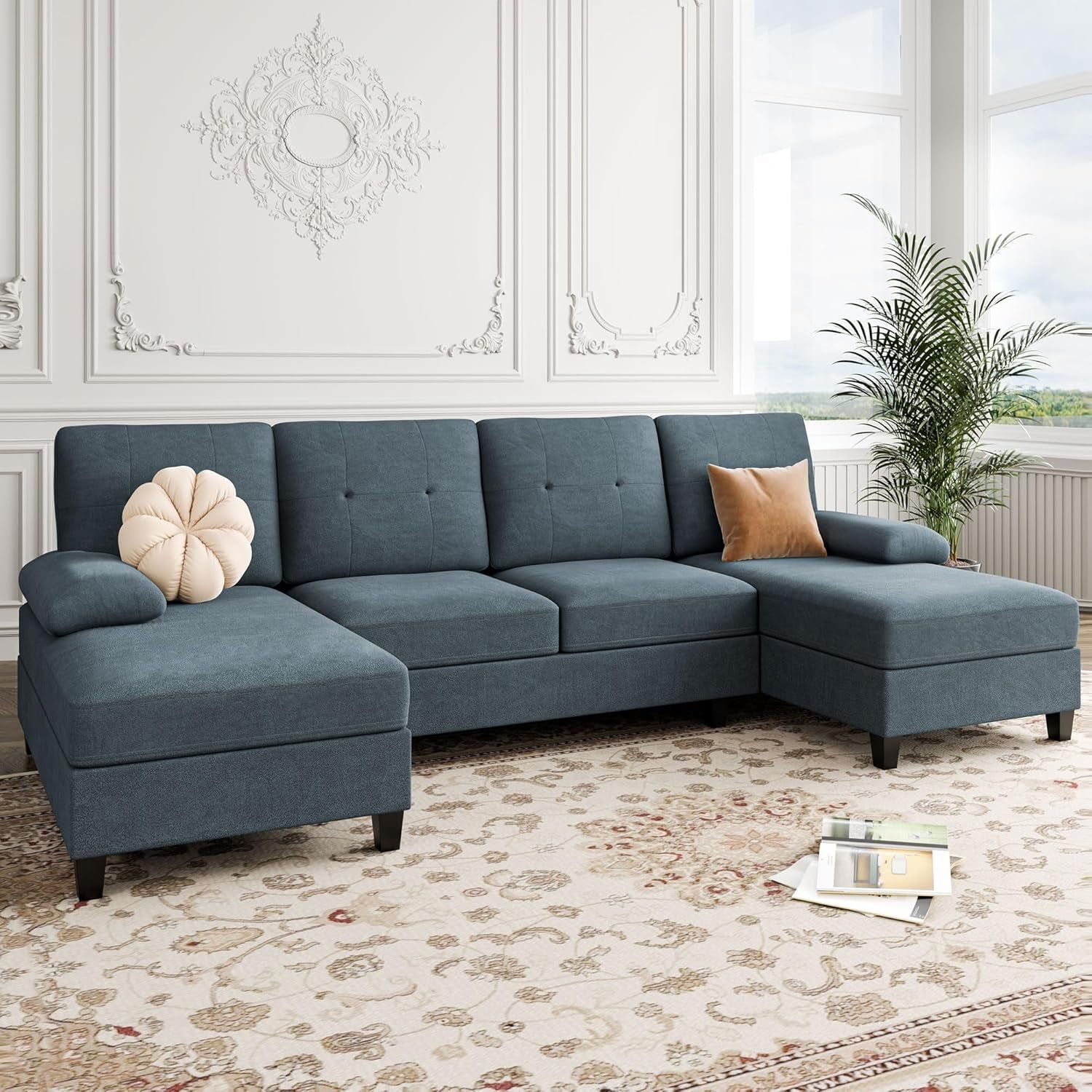 U-Shaped Sectional Sofa with Double Chaise, 4-Seat Linen Fabric Living Room Furniture Set, High-Density Cushions for Ultimate Comfort &amp; Modern Style, Dark Grey