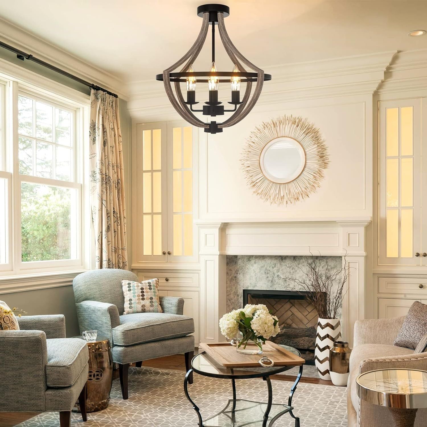 16.5&quot; Farmhouse Light Fixtures Chandelier, 4-Light Rustic Flush Mount Ceiling Light, Modern Faux Wood Light Fixture for Dining Room Kitchen Foyer Hallway Entryway Bedroom Closet