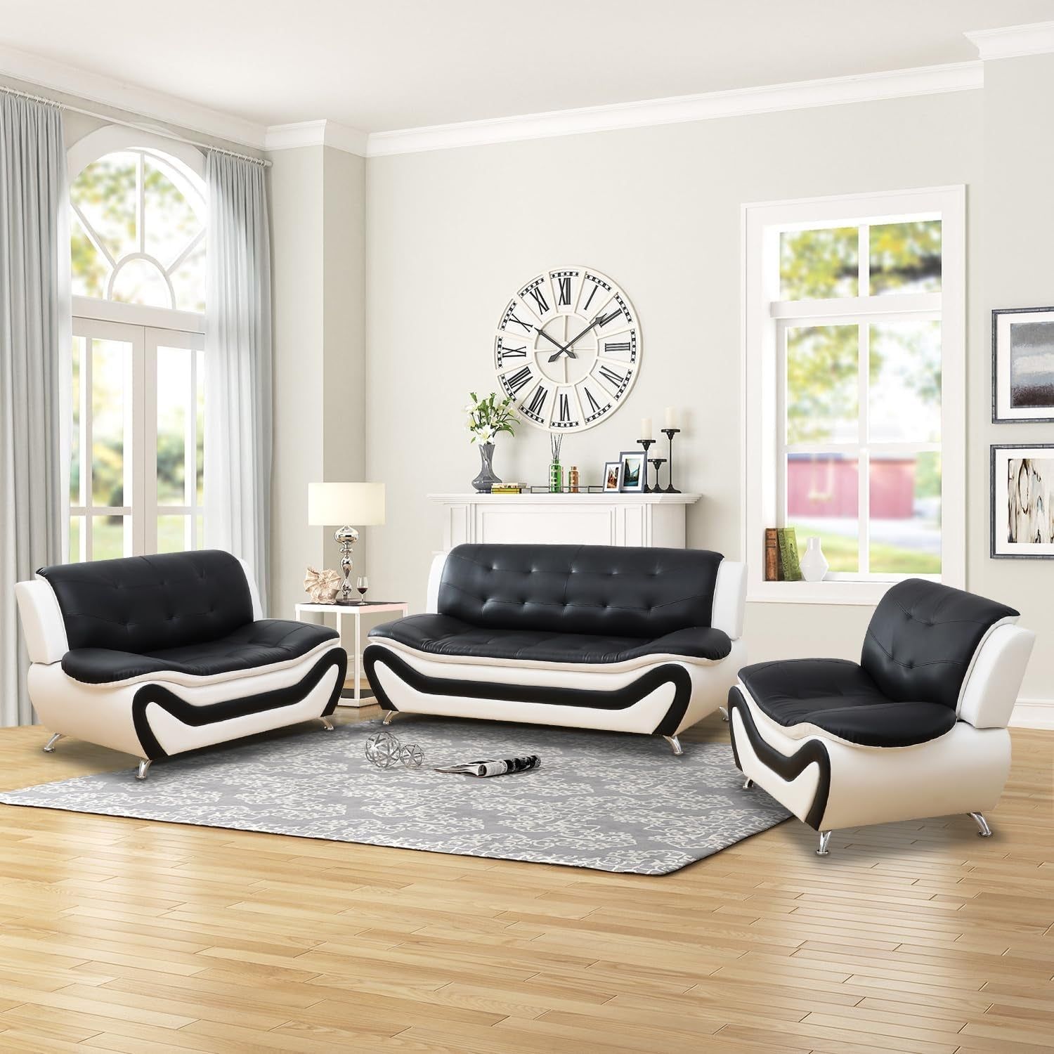 Leather Sofa Set,Leather Sofa Set for Living Room Furniture Sets, Loveseat Sofa with Chair 3-Piece for Living Room/Office/Apartment(Black&amp;White)