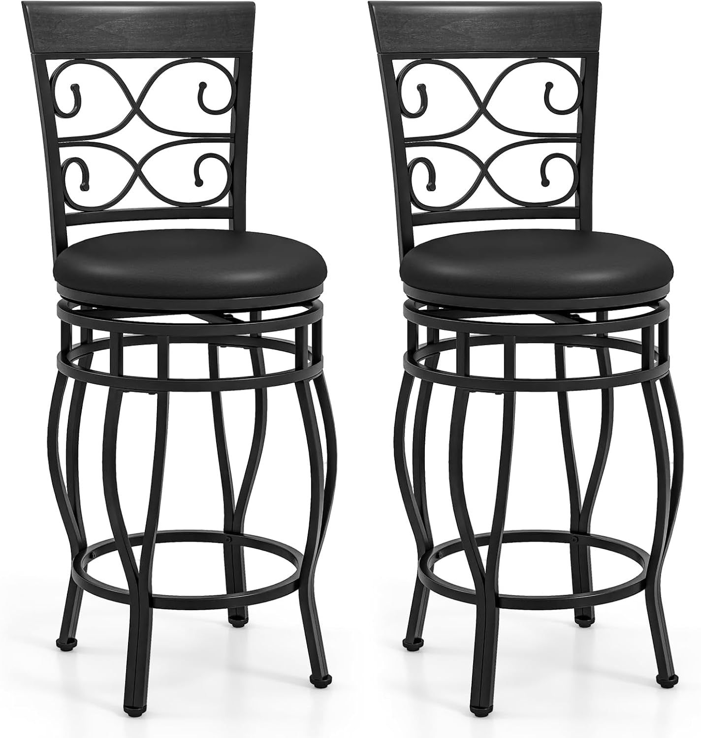 26&quot; Swivel Bar Stools Set of 2, Counter Height Bar Stools with Back, Upholstered PU Leather Seat, Footrest, Max Load 330Lbs, Vintage Metal Barstools for Kitchen Island, Dining Room, Pub, Black