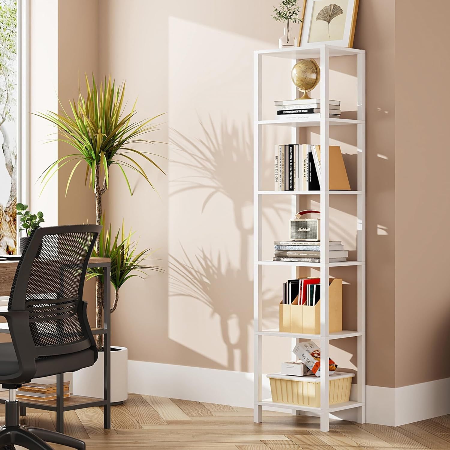 Bookshelf, 6-Tier Tall Book Shelf, Narrow Bookcase for Small Space, DIY Stackable Bookshelf, for Living Room, Office, Study, Entryway, Industrial, White BS01BW006