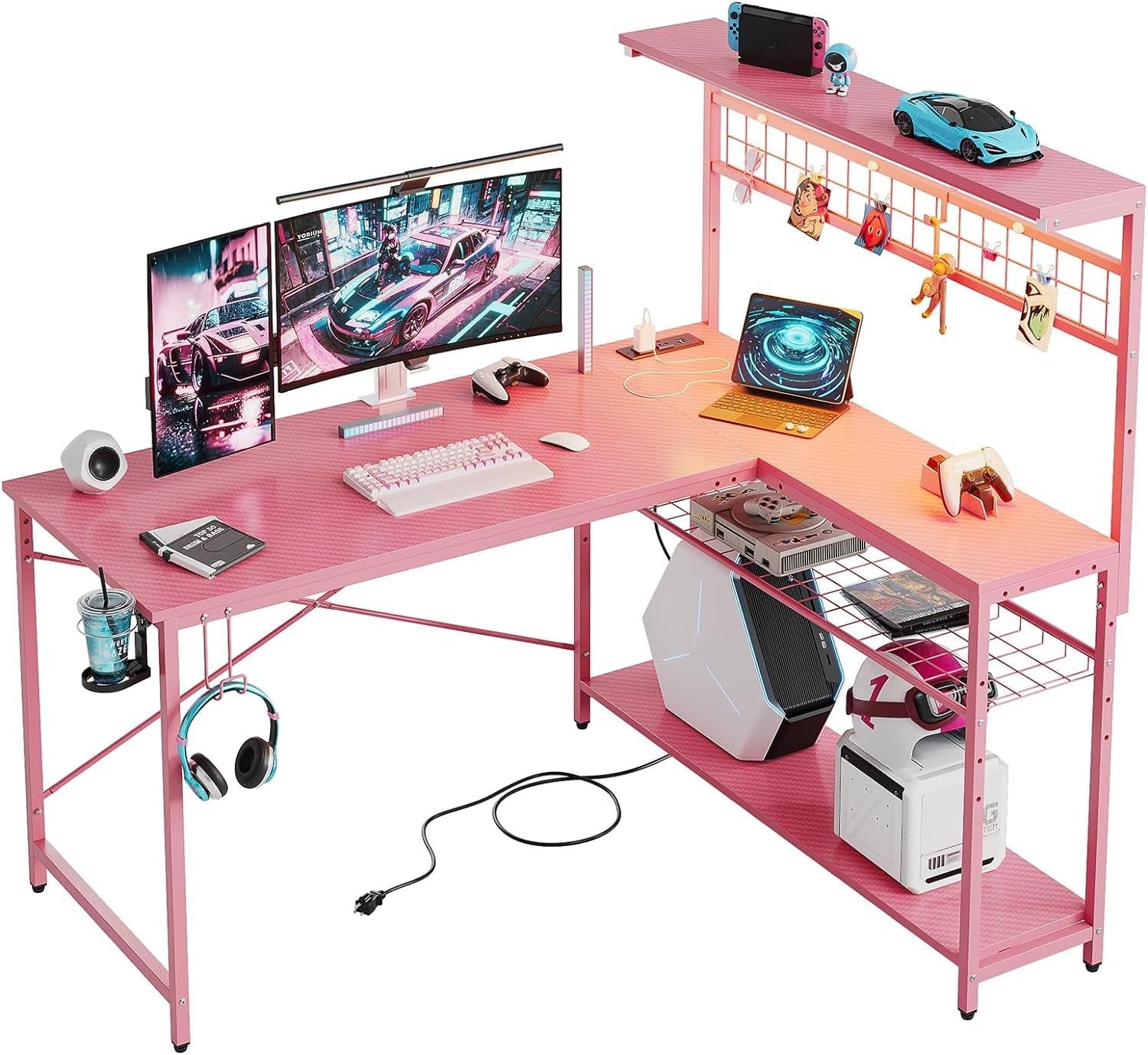 Gaming Desk 51&quot; L-Shaped, with Power Outlets &amp; LED Lights- 4 Tier Shelves, Reversible Gamer Table with Hooks &amp; Cup Holder for Home Office Carbon Fiber Pink