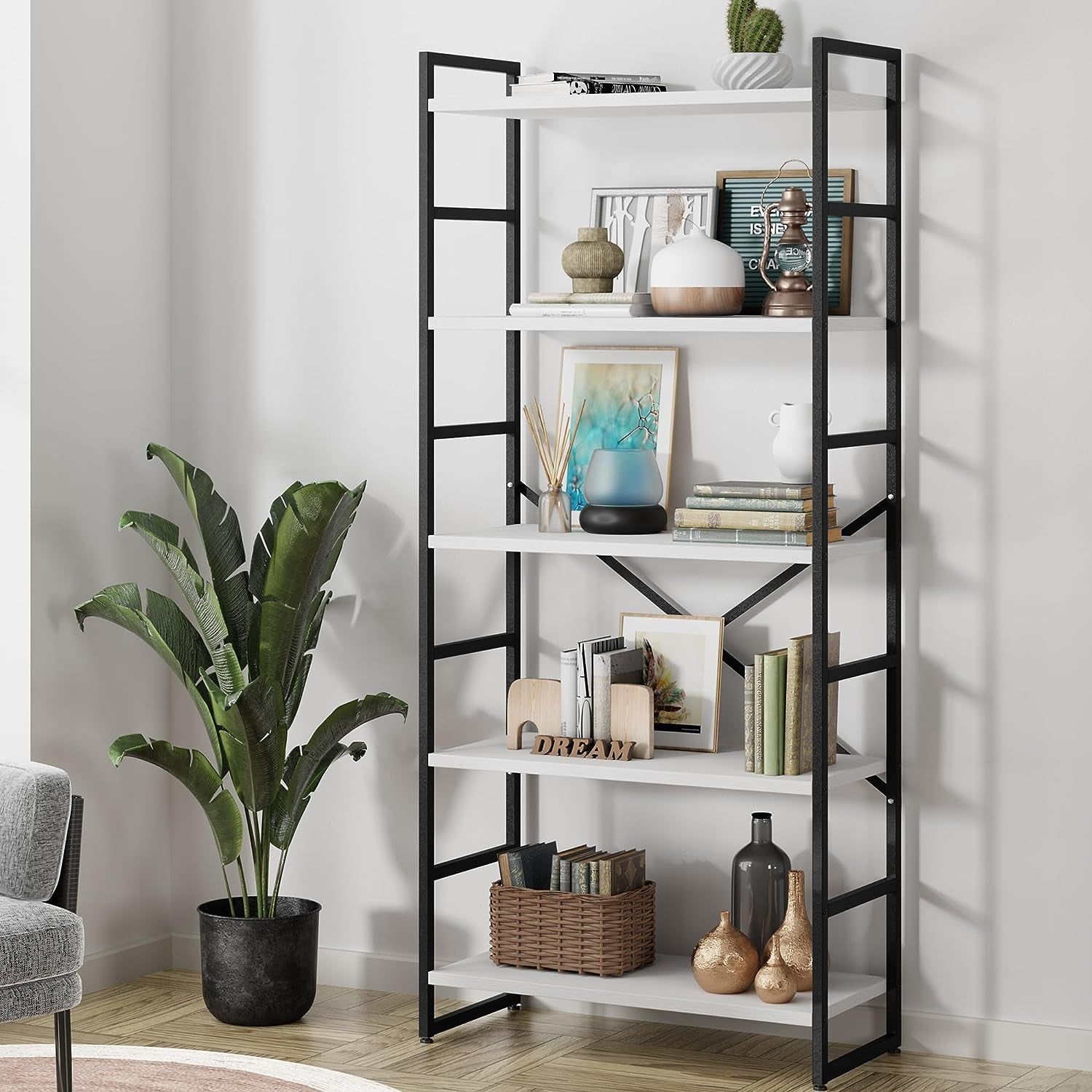 5 Tiers Bookshelf, Classically Tall Bookcase Shelf,Industrial Book Rack,Modern Book Holder in Bedroom/Living Room/Office, Storage Rack Shelves for Books/Movies,11.8&quot; Dx23.6 Wx62.2 H,White