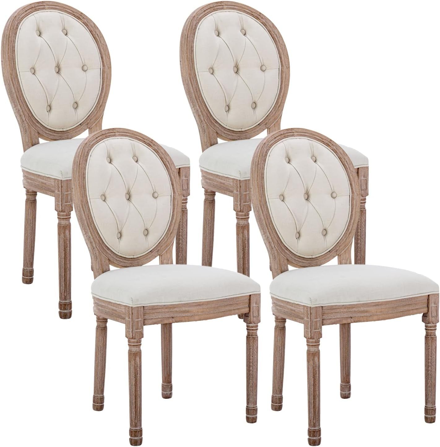 French Country Dining Chairs Set of 4, Vintage Louis Chairs with Curved Backrest and Beautifully Carved Solid Wood Frame, Farmhouse Dining Chairs for Living Room, Kitchen, Restaurant