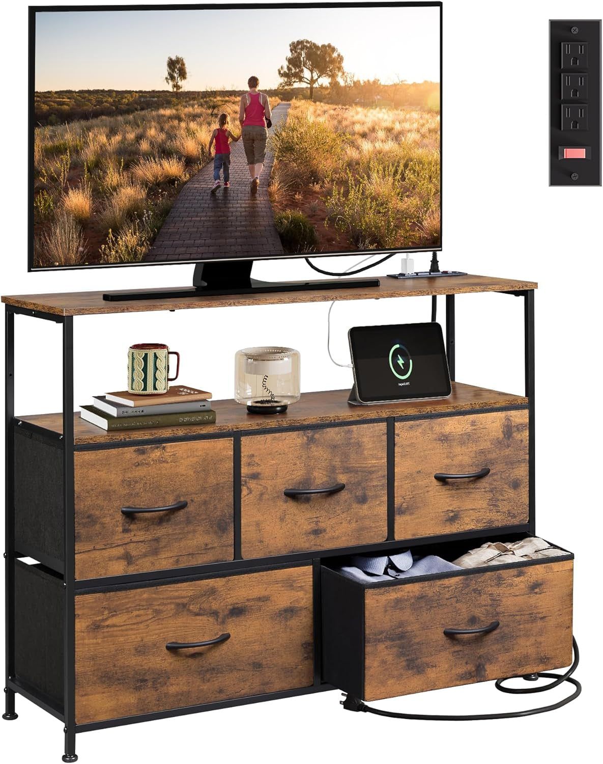 Dresser TV Stand for Bedroom, Entertainment Center with Open Shelf and Power Outlet, Fabric Dressers with 5 Drawers, TV Stands for Closet, Rustic Brown