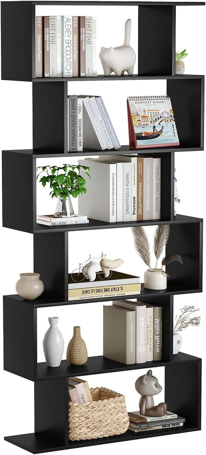 Bookshelf 6-Tier, Geometric Bookcase S Shaped Book Shelves for Bedroom, Modern Wood Decorative Display Shelf Tall Book Case for Home Office, Black