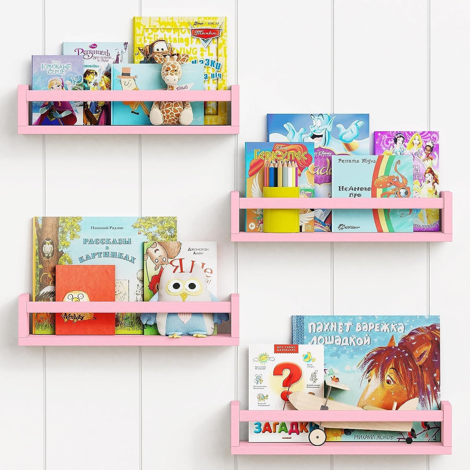Pink Floating Shelves for Wall, Aesthetic Wall Bookshelf for Girls Room Decor, Wood Nursery Bookshelves for Toddler Kids Bedroom Book and Toy Storage Organizer (Set of 4, Pink)