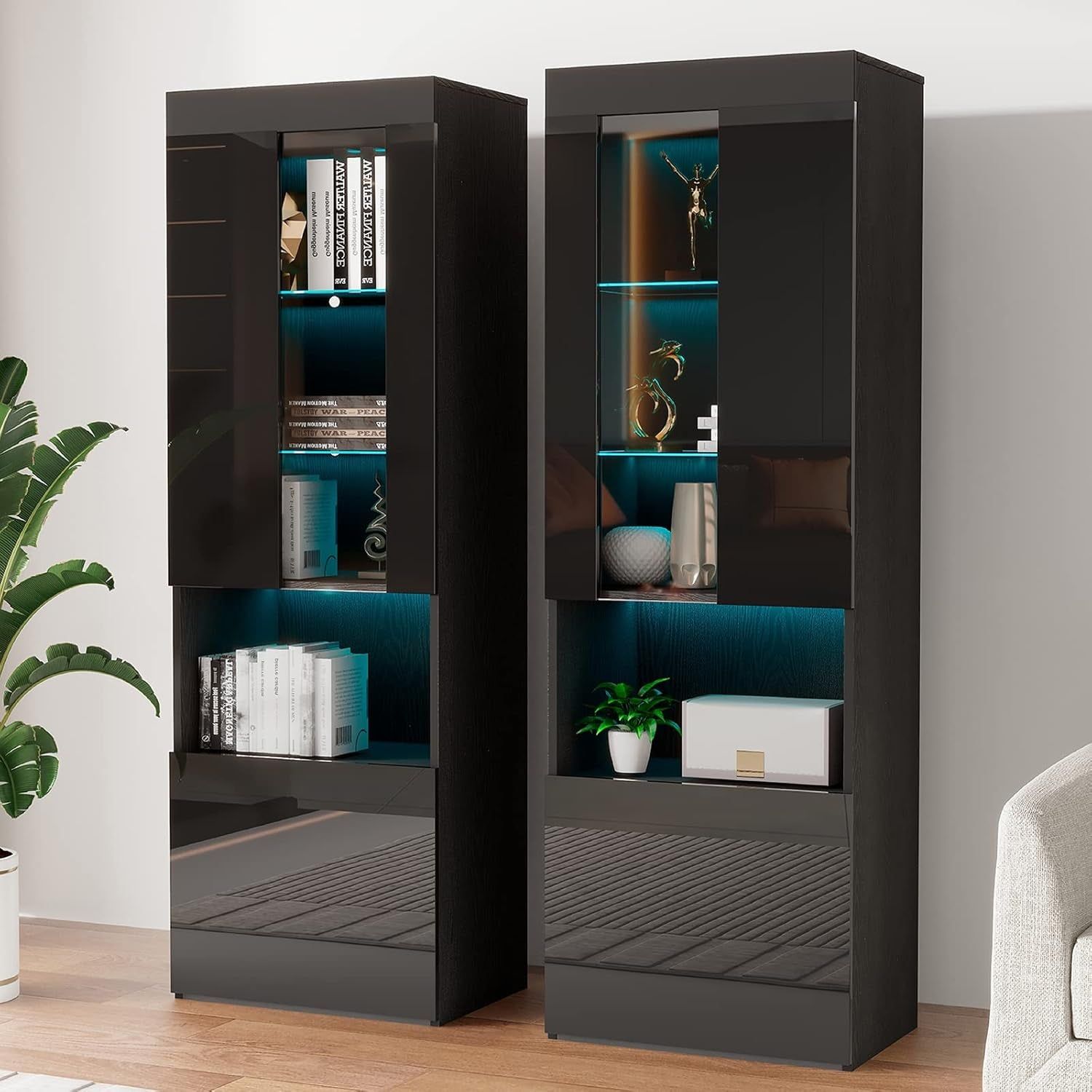 2 Piece 71In Tall Bookcase Storage Cabinet with Glass Doors, Modern High Gloss LED Bookshelf Display with 5 Tiers for Storage &amp; Adjustable Glass Shelves for Living Room, Office, Black