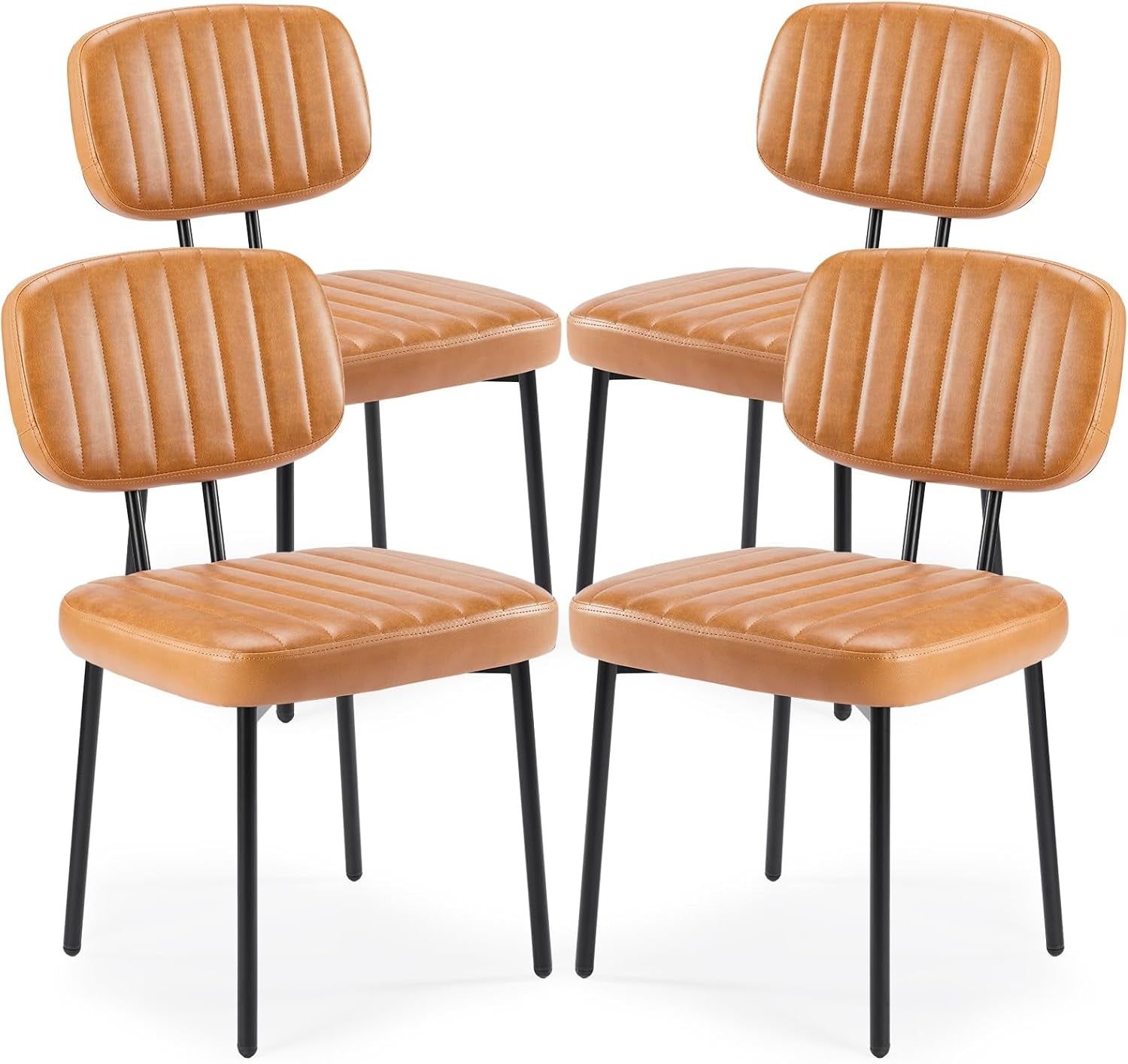 Dining Chairs Set of 4, Upholstered Mid Century Modern Kitchen Dining Room Accent Chairs with Faux Leather Cushion Seat &amp; Metal Legs for Kitchen, Living Room - Brown
