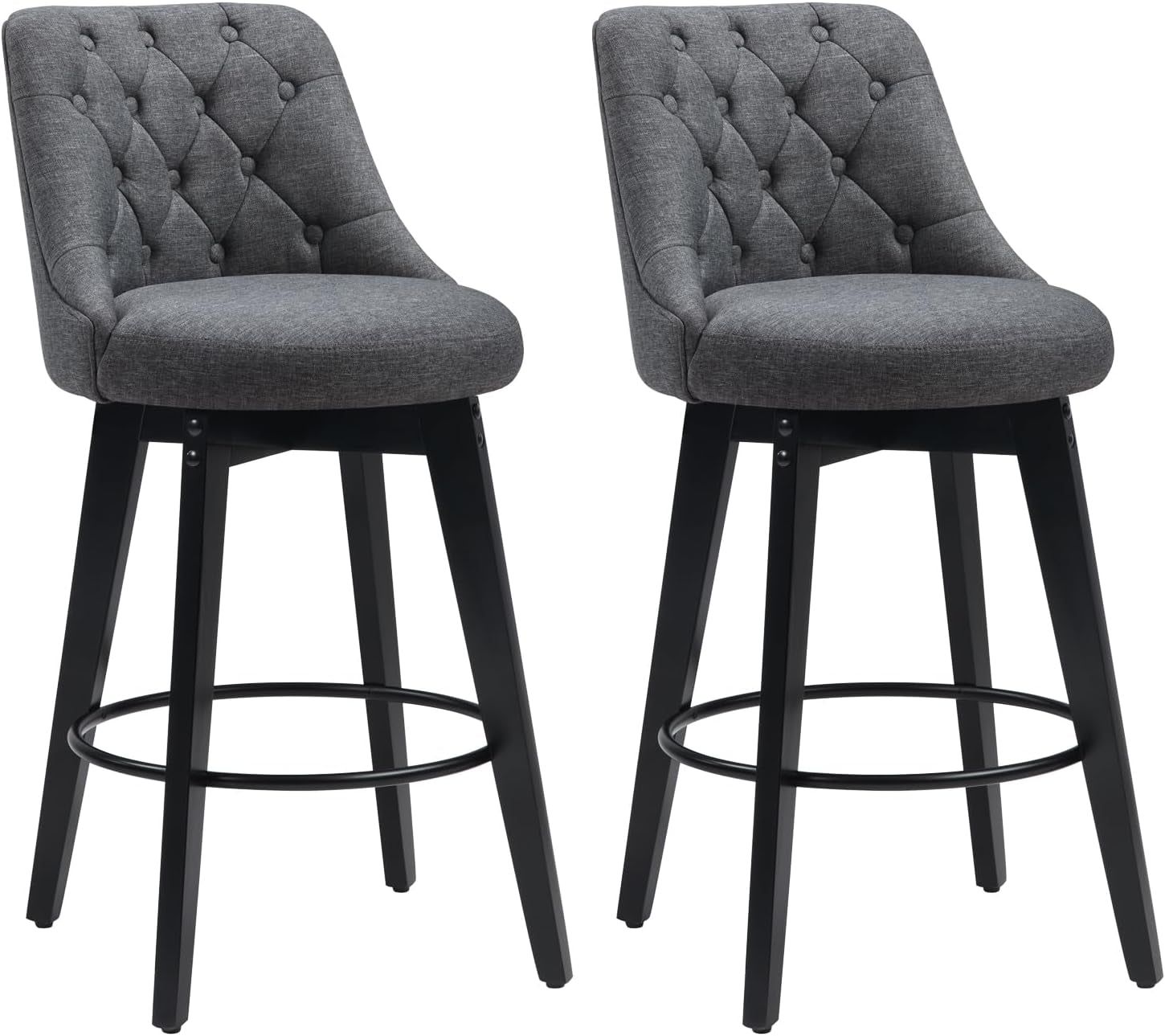 Bar Stools Set of 2, Swivel Barstools with Backs and Wood Legs, 27&quot; Linen Fabric Upholstered Bar Chairs for Kitchen Island, Dining, Cafe, Pub（Grey）
