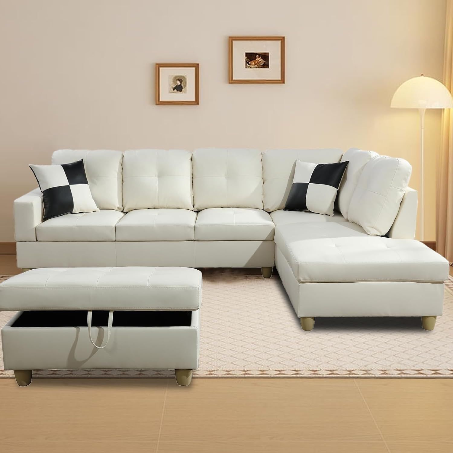L Shaped Sectional Couch with Storage Ottoman, Modern Nailhead Comfy Lounge Sofa with Reversible Cup Holder &amp; Chaise, 97&quot; 4 Seat Modular Sofá for Living Room Apartment, Amaranth