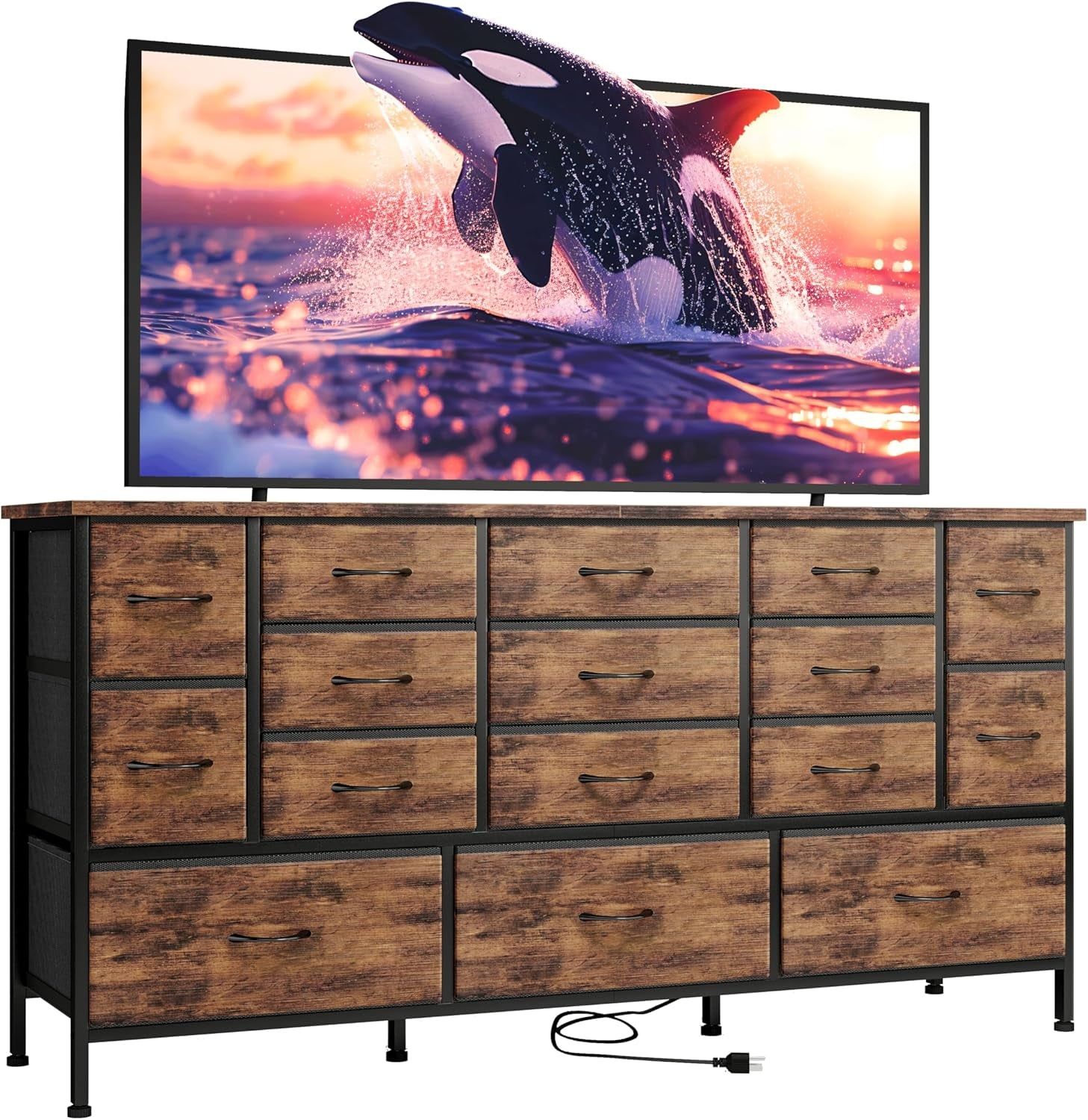 63.3 Inch TV Stand for Bedroom, 16 Large Drawer Dresser, Long TV Stand for 55, 65, 70 Inch TV with Power Outlets, Fabric Chest of Drawers for Bedroom, Living Room, Entryway, Rustic Brown