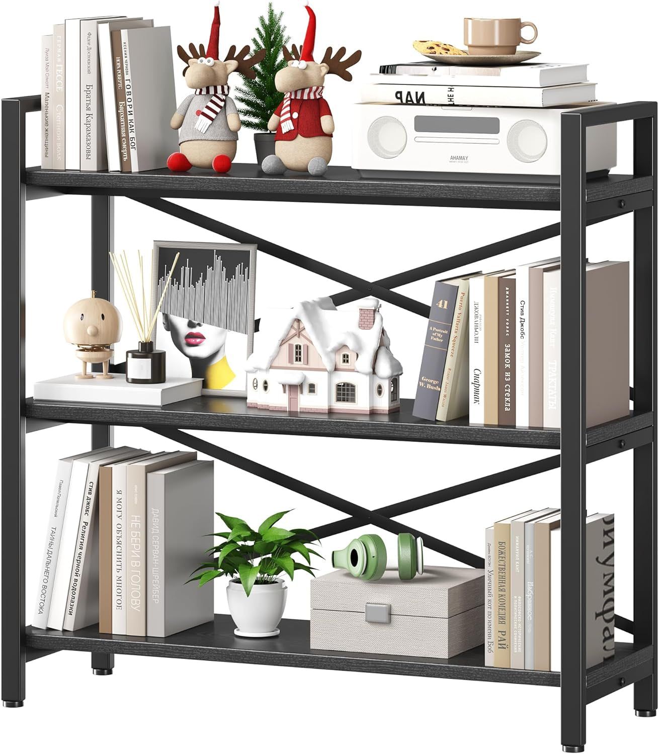 3 Tier Bookshelf 31.49&quot; Width, Wood and Metal Etagere Bookcase, Vintage Farmhouse Modern Wooden Big Book Shelf for Home Living Room Bedroom Office Storage(Black)