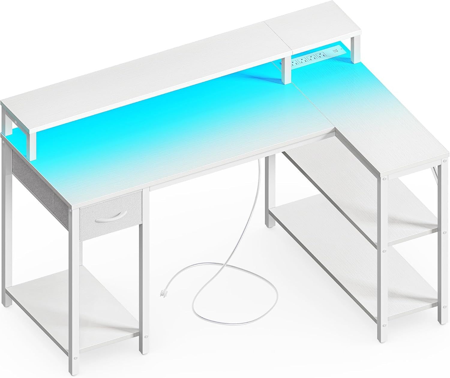 47 Inch Reversible L Shaped Desk with LED Lights &amp; Power Outlets, Computer Desk with Shelves &amp; Monitor Stand, Gaming Desk with Drawer, Home Office Desk Corner Desk, PU White Drawer