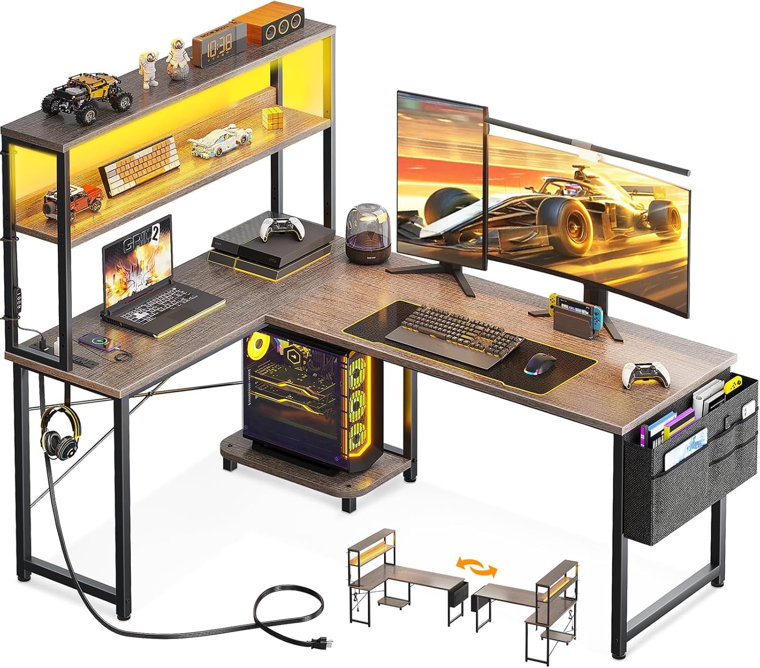 L Shaped Desk Gaming Desk with LED Light &amp; Power Outlet, 53 Inch Reversible L Shaped Computer Desk with Shelf, Corner Desk with Storage Bag&amp;Hook for Home Office Desk, Grey Oak