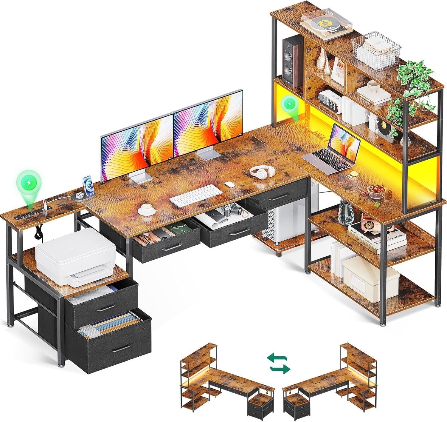 79 Inch L Shaped Desk with File Drawers, Reversible L Shaped Gaming Desk with Power Outlets &amp; LED Lights, Computer Desk with Storage Shelves for Home Office, Vintage
